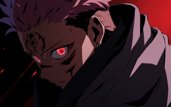 HD wallpaper featuring Sukuna from Jujutsu Kaisen anime series with a menacing expression, ideal for desktop background.