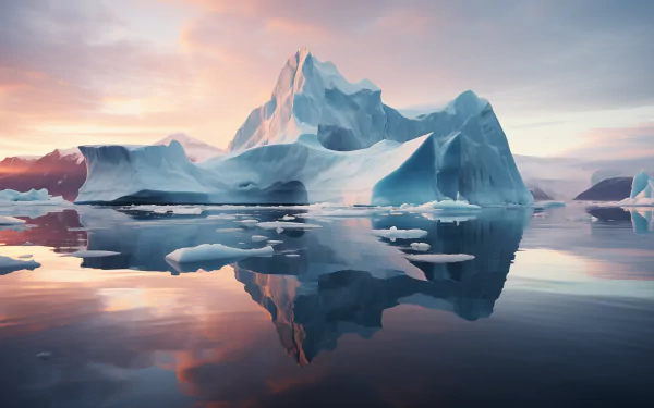 HD desktop wallpaper featuring a majestic iceberg with its reflection on serene water during sunset.