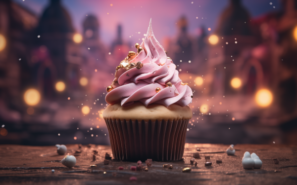 HD desktop wallpaper featuring a beautifully decorated cupcake with pink frosting and gold sprinkles, set against a blurred magical background with warm bokeh lights.