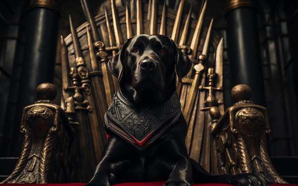 Majestic black Labrador dog seated on a throne with an ornate backdrop, perfect for a regal HD desktop wallpaper or background.