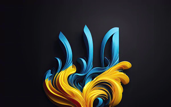 3D abstract Ukrainian trident design in blue and yellow on a dark background, rendered in 8K Ultra HD for PC desktop wallpaper.