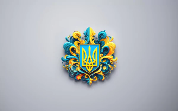 Ornate yellow-and-blue Ukrainian trident (Tryzub) with decorative filigree centered on a soft gray background — 8K Ultra HD PC desktop wallpaper and background.