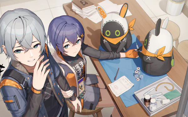 4K Ultra HD PC wallpaper featuring Belle, Wise, and Bangboo from the video game Zenless Zone Zero gathered around a cluttered desk with tools and documents.