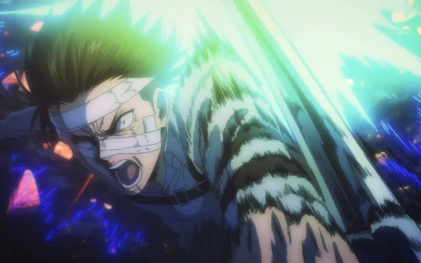 HD desktop wallpaper featuring Levi Ackerman from Attack On Titan, action-packed with dynamic lighting effects.