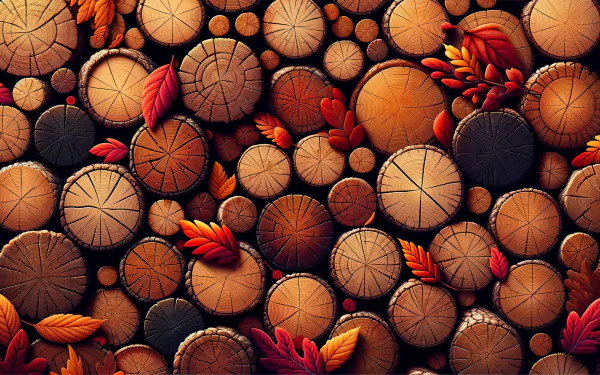 Autumn-themed HD wallpaper featuring cross-sections of wood logs and scattered red and orange leaves.
