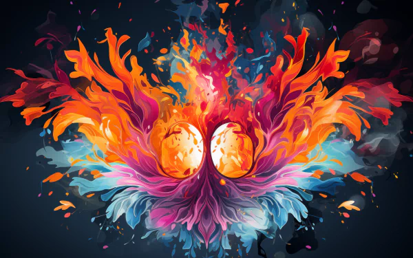 Colorful abstract paint splash wallpaper with vibrant fiery tones resembling a phoenix for HD desktop background.