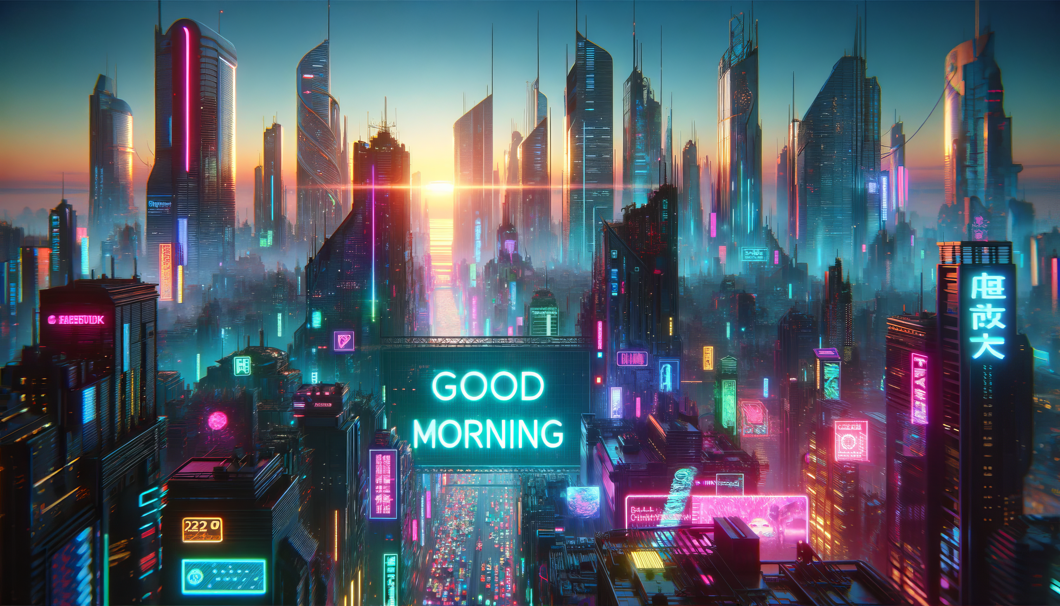 Good morning greeting over a vibrant, futuristic cityscape at sunrise for an HD desktop wallpaper.
