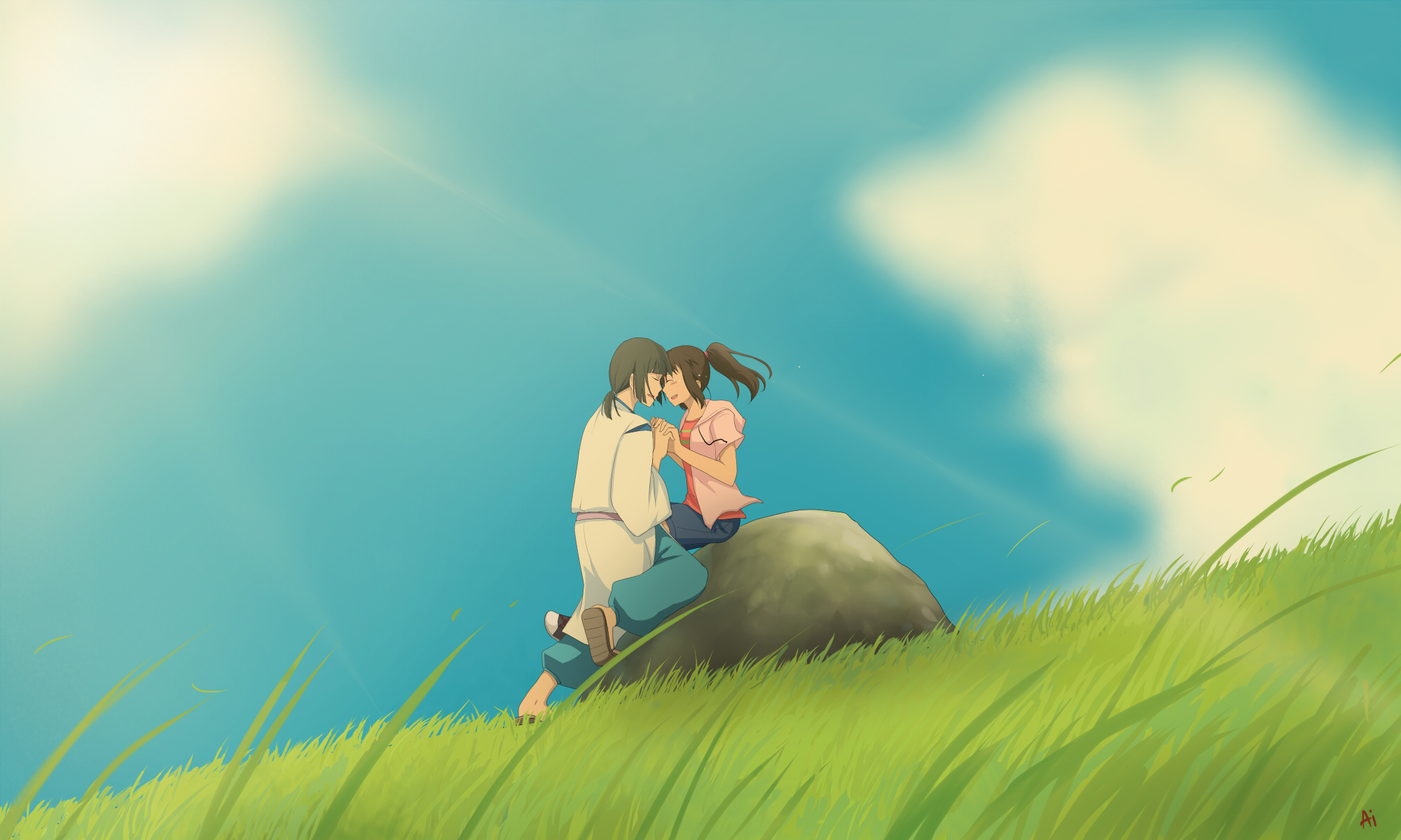 HD desktop wallpaper featuring characters from Spirited Away, a Studio Ghibli film, sitting together on a grassy hill with a serene sky in the background.