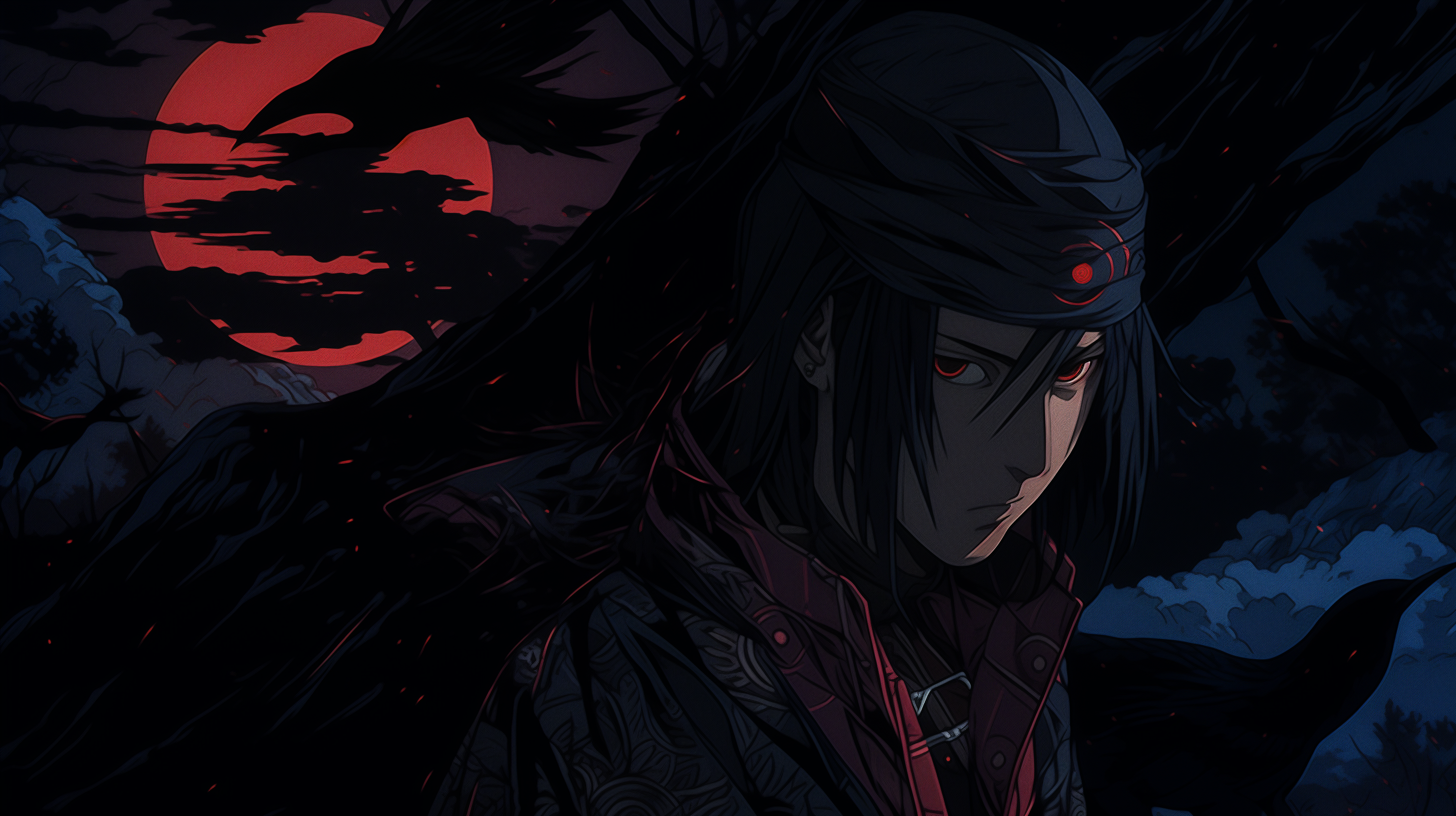 HD desktop wallpaper featuring Sasuke Uchiha from Naruto with a red moon background.
