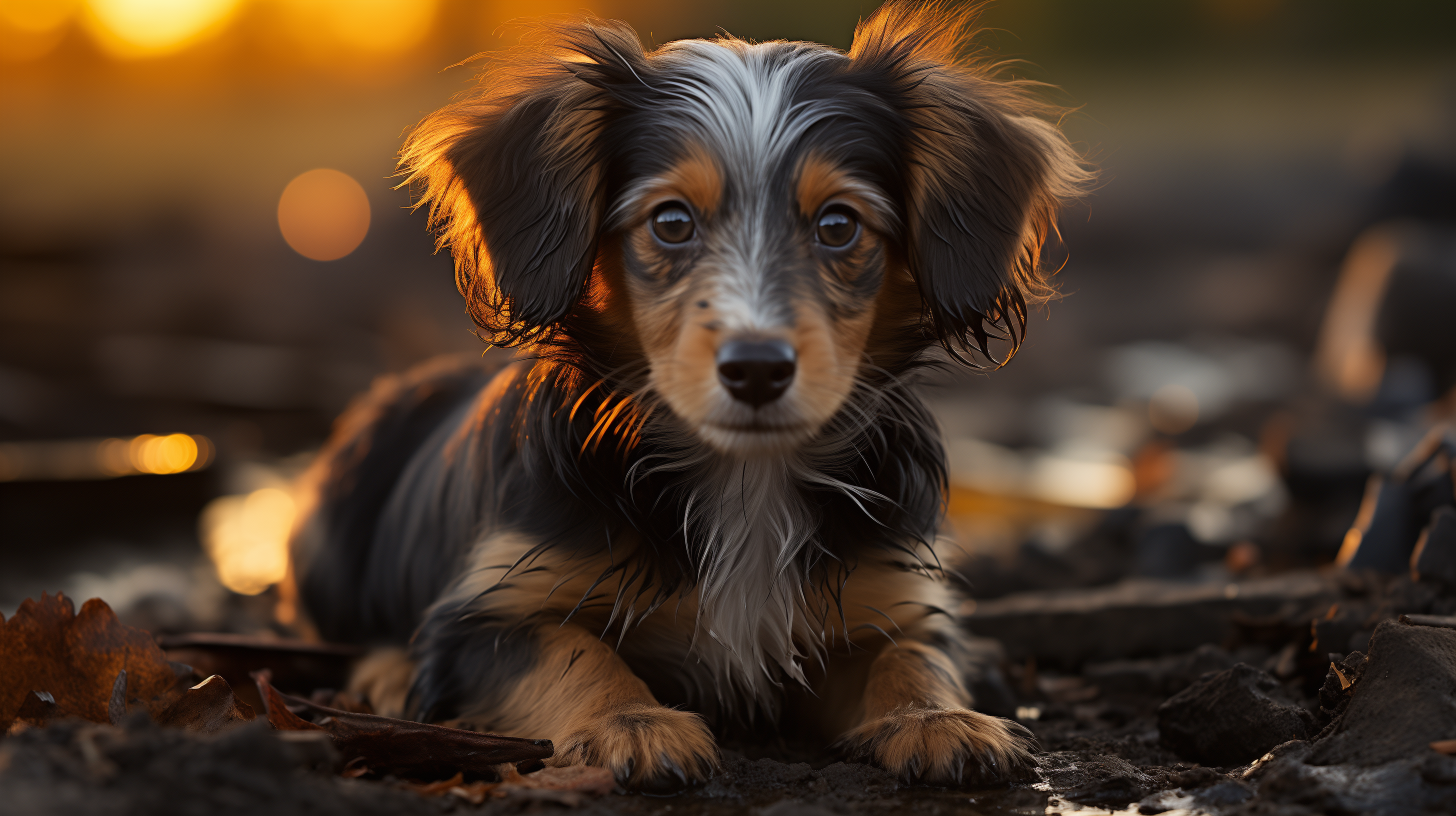 Adorable Dachshund puppy lying down with a warm sunset background - HD dog wallpaper.