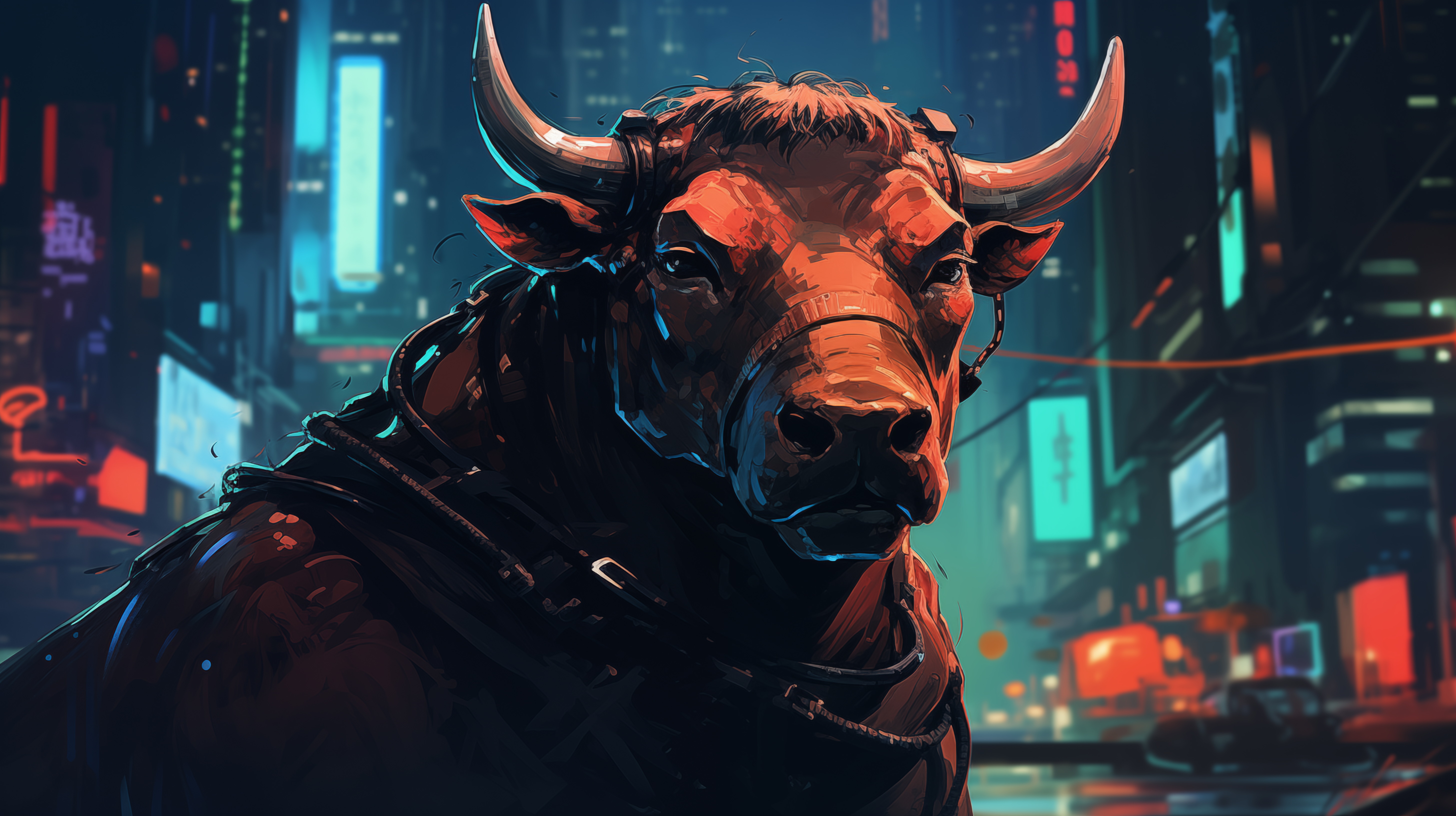 Cyberpunk-inspired bull standing in a neon-lit cityscape, HD desktop wallpaper and background.