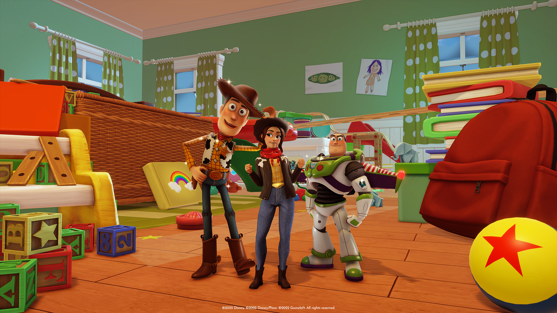 HD wallpaper of Disney Dreamlight Valley characters in a vibrant, colorful toy room setting for desktop background.