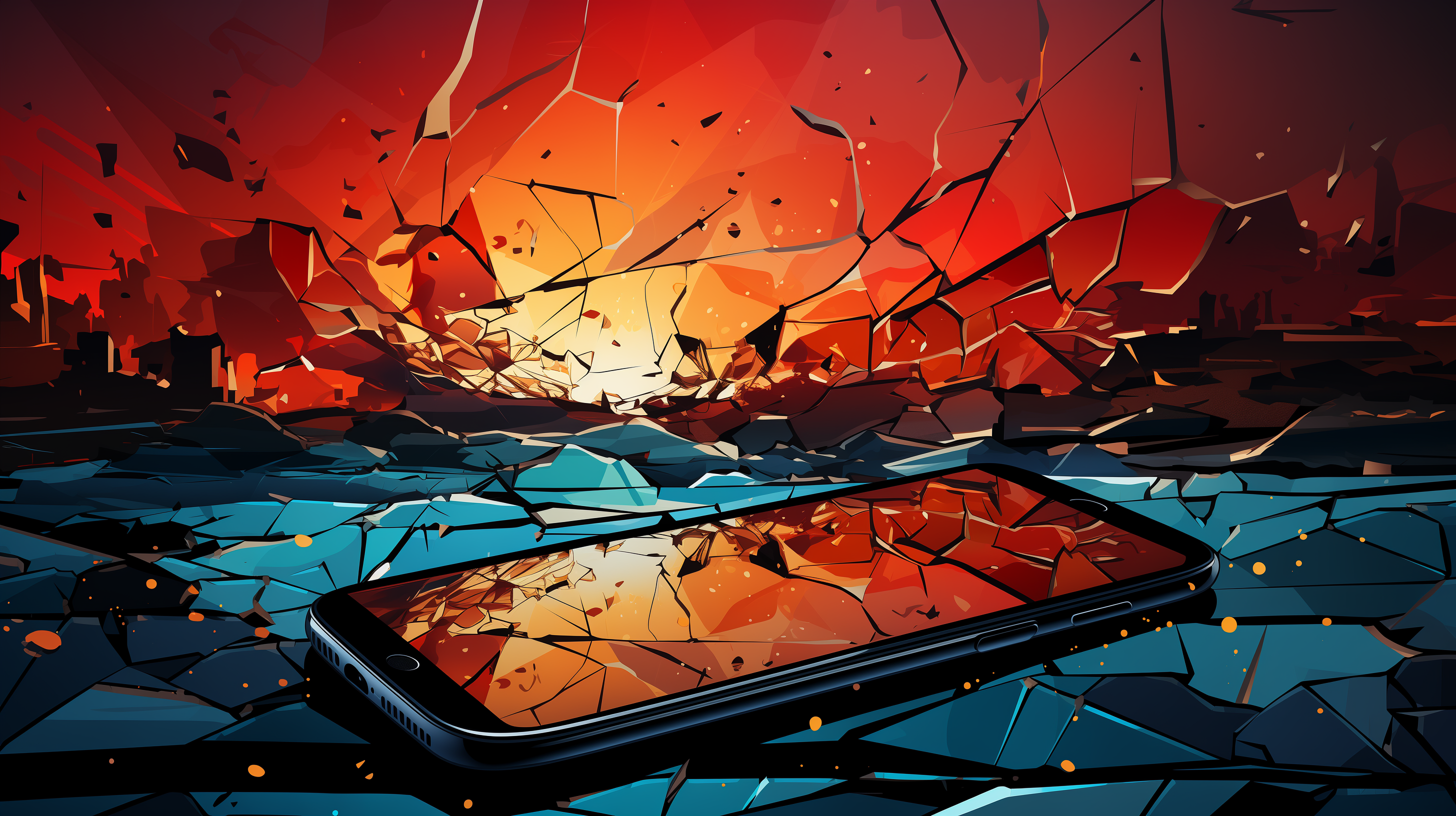 HD desktop wallpaper featuring a smartphone with a cracked screen effect on a vibrant abstract background.