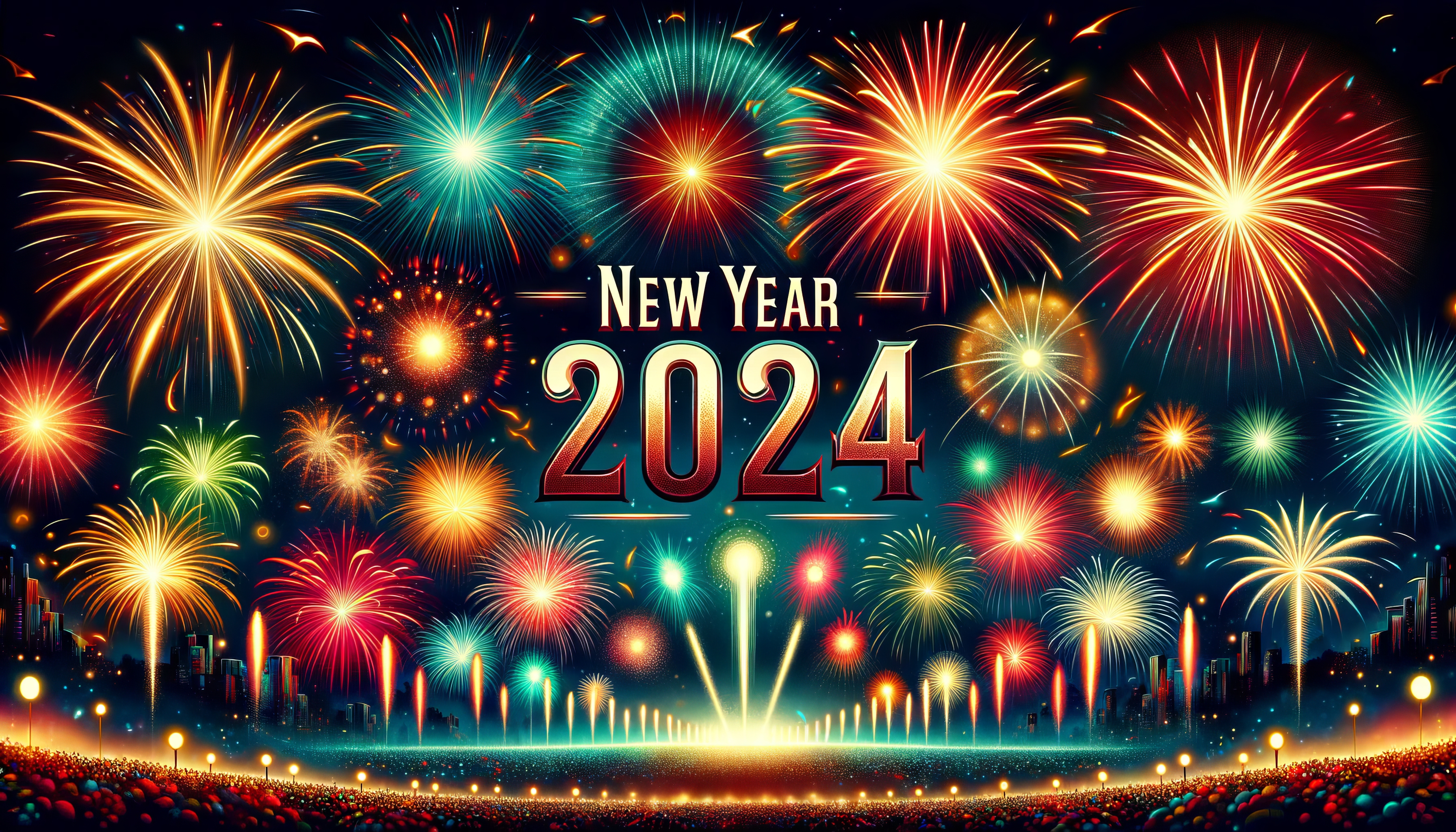 Colorful fireworks display with New Year 2024 text for HD desktop wallpaper and background.