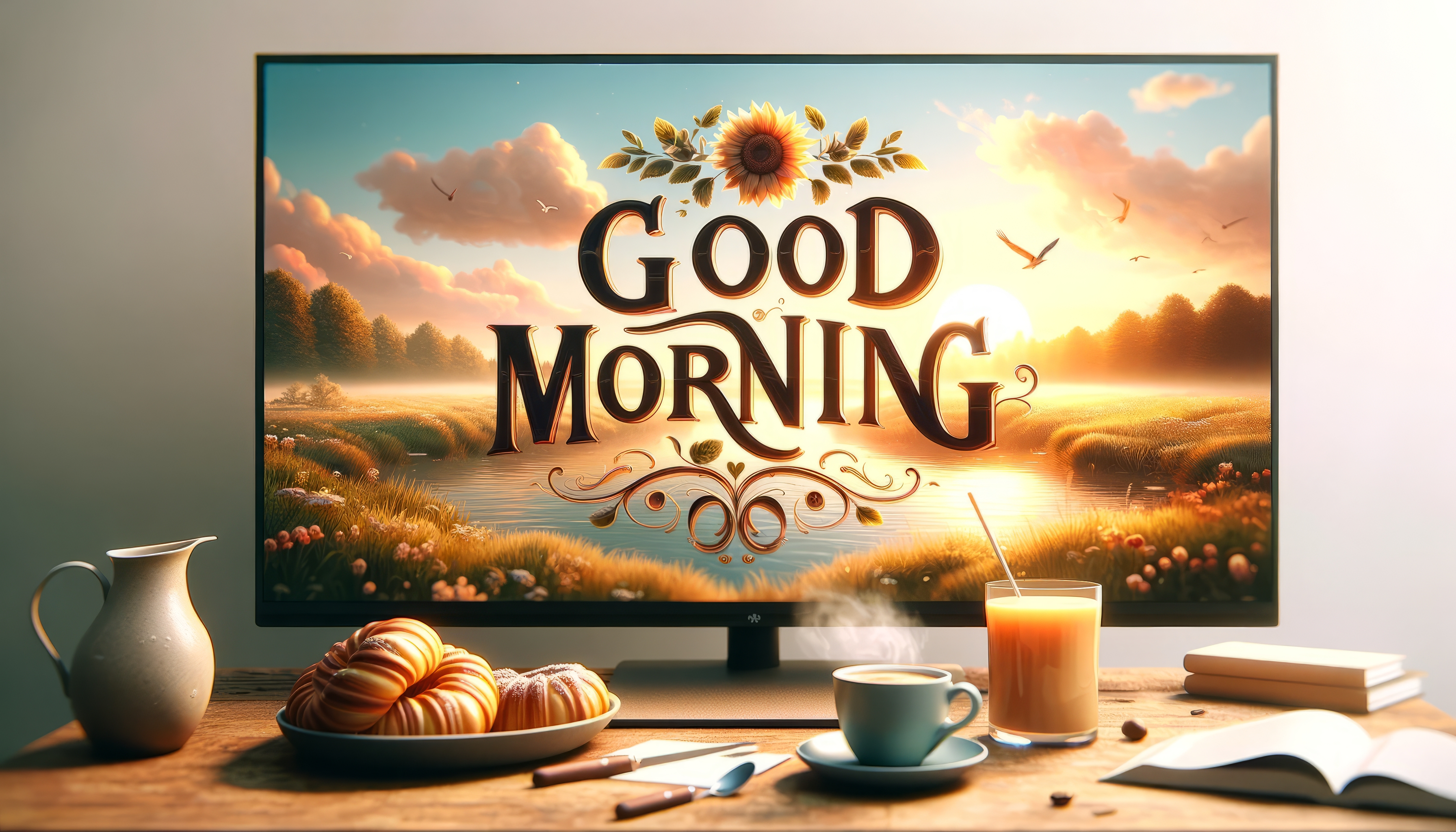 HD desktop wallpaper featuring a Good Morning message with a serene sunrise landscape, accompanied by a breakfast setup with coffee and pastries.