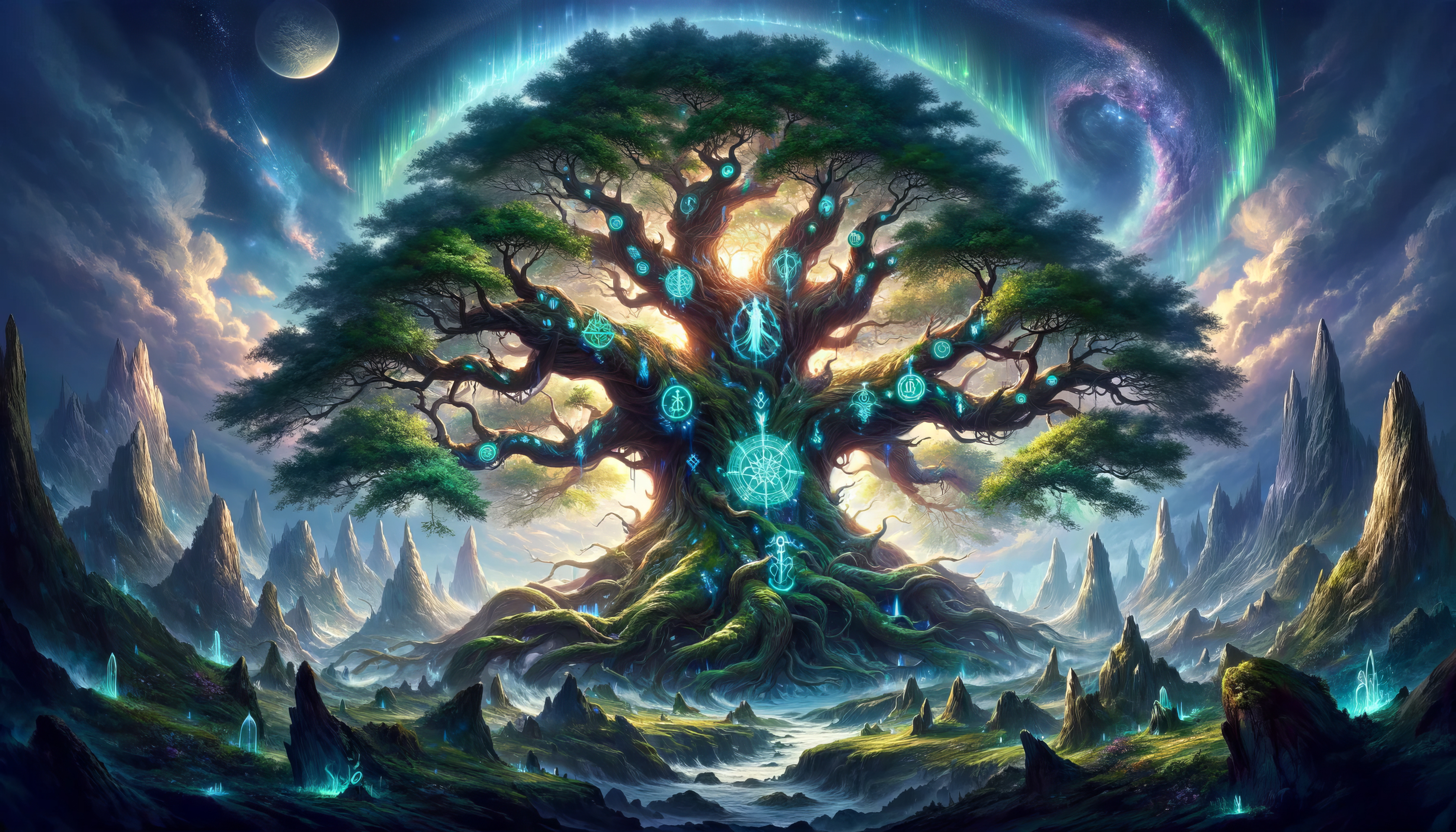 Fantasy HD wallpaper of the mythical Yggdrasil tree with vibrant colors and mystical landscape for desktop background.