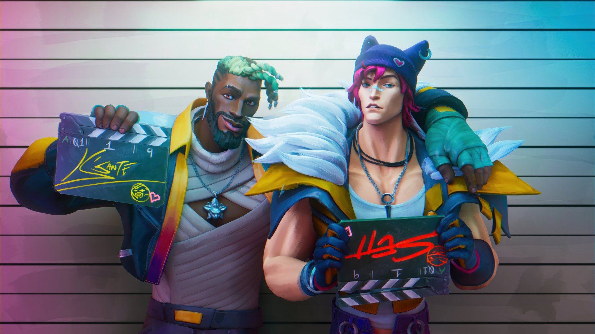 HD wallpaper featuring K'Sante and Sett from League of Legends, against a striped background, both holding Heartsteel weapons.