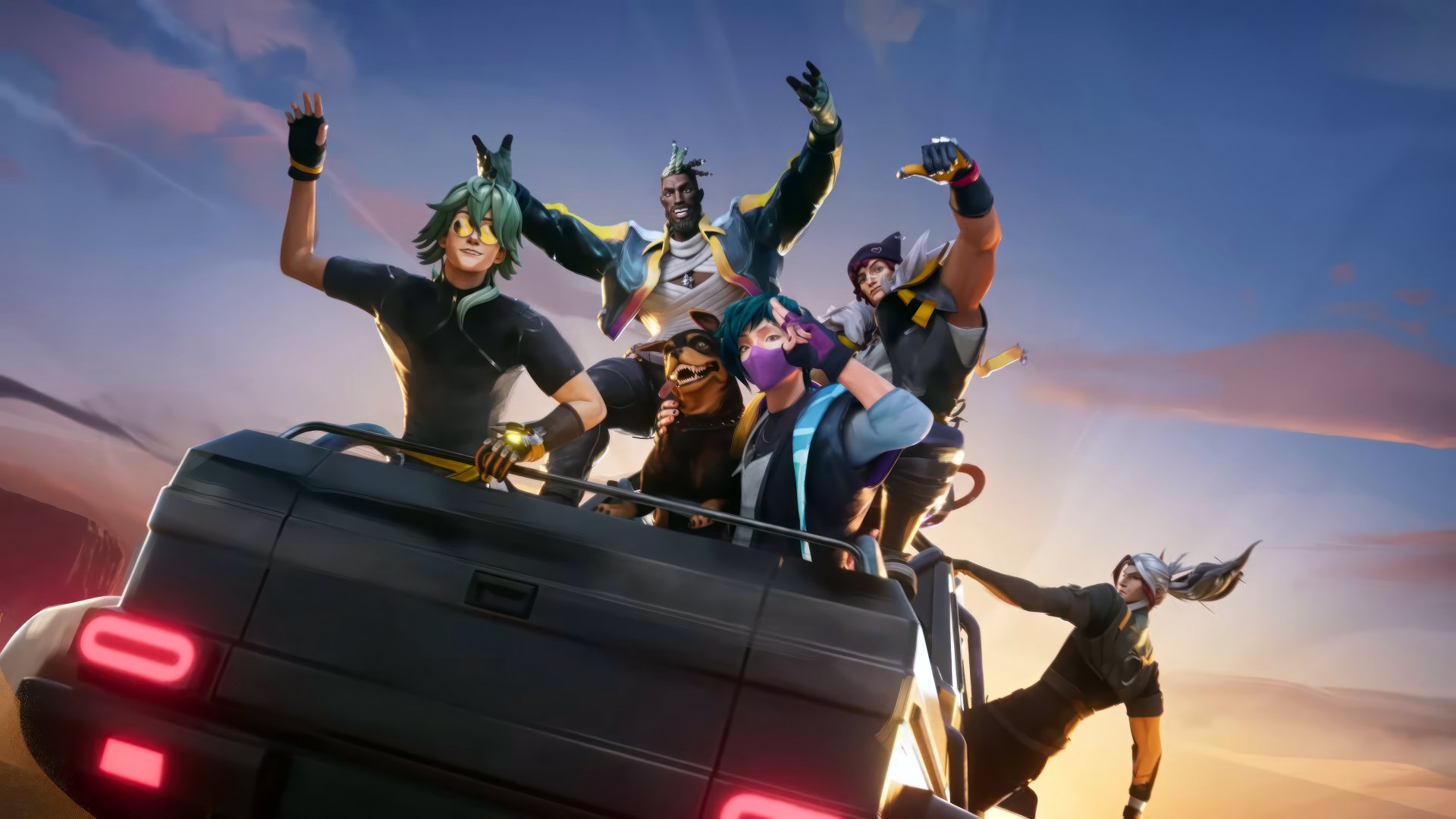 A vibrant League of Legends wallpaper featuring champions K'Sante, Aphelios, Sett, Ezreal, and others, celebrating together against a colorful sunset backdrop.