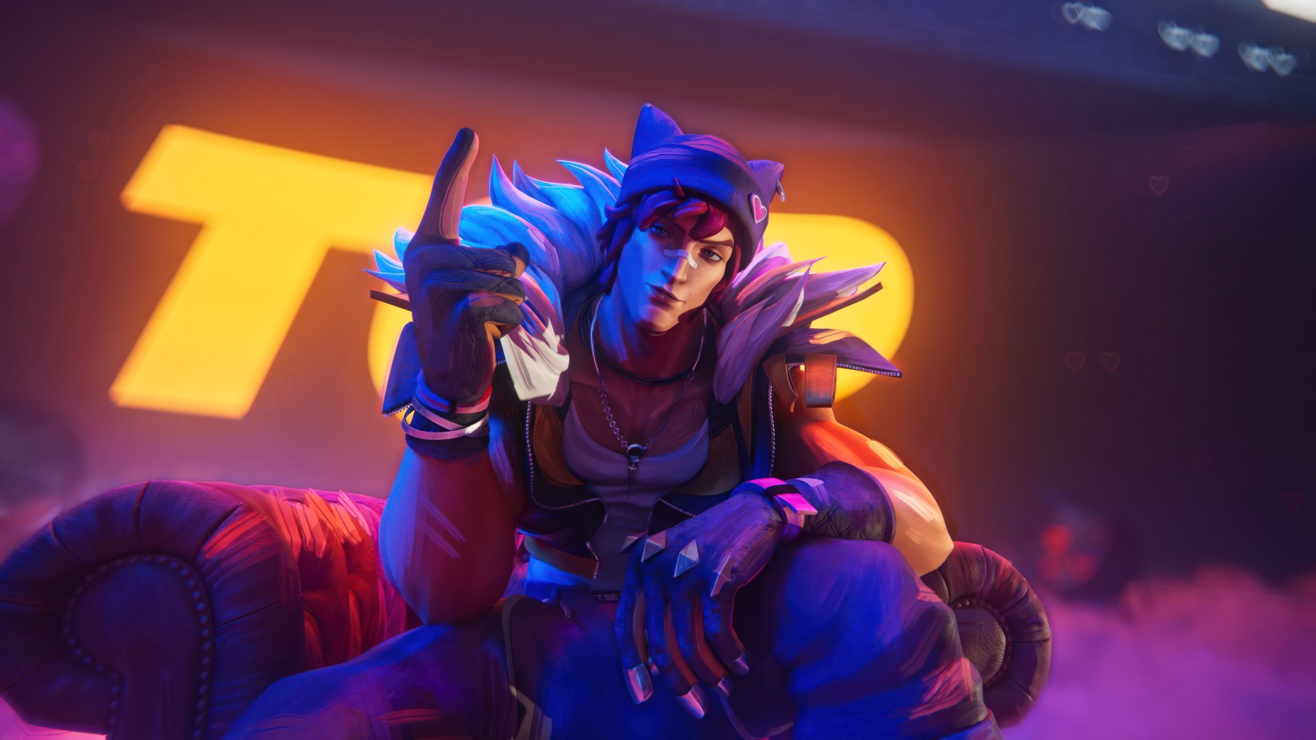 A vibrant HD wallpaper featuring Sett from League of Legends, showcasing his Heartsteel skin. The character sits confidently with a playful expression against a colorful backdrop.