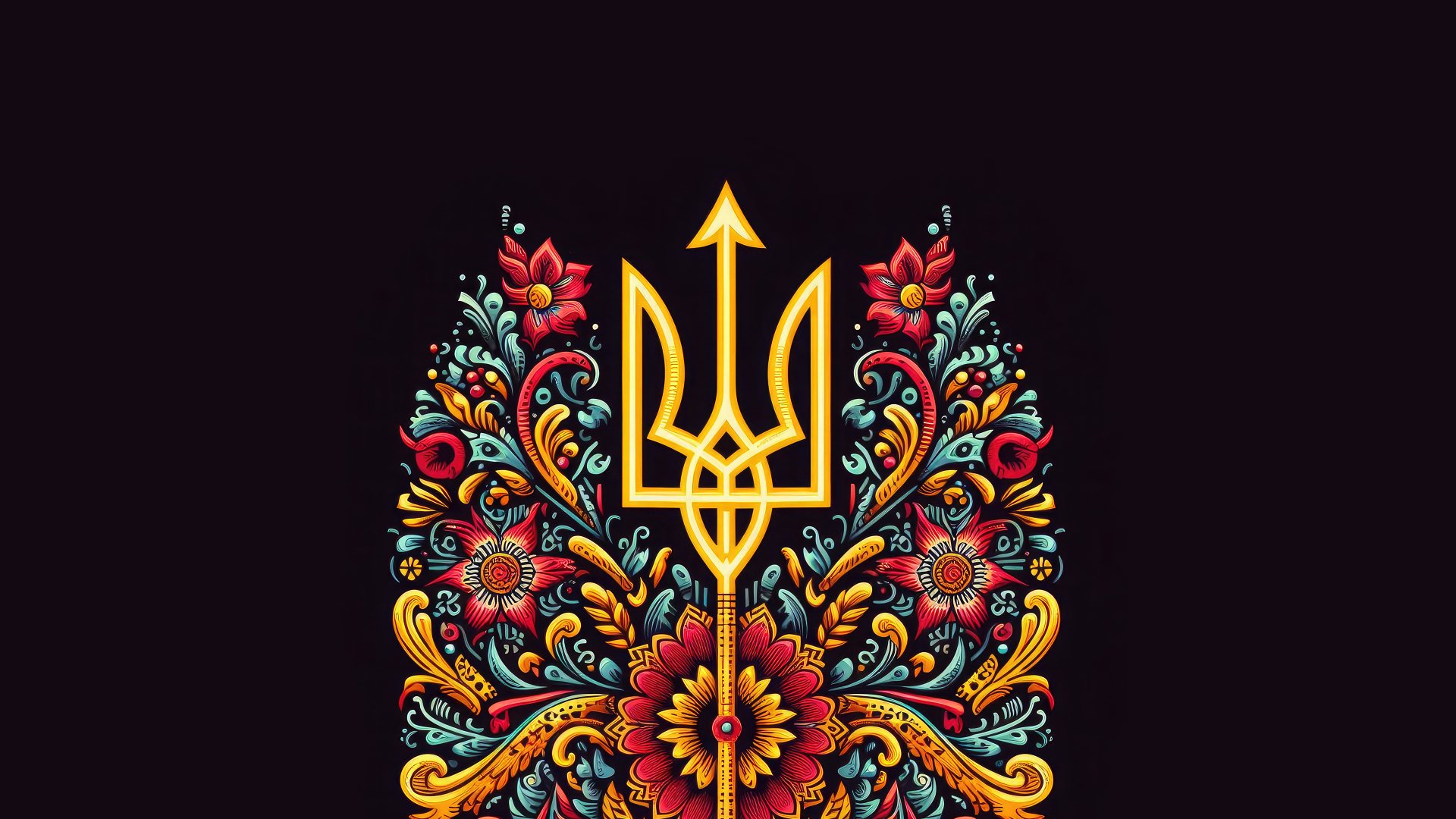 4K Ultra HD PC desktop wallpaper featuring Ukraine’s trident symbol adorned with vibrant traditional floral patterns on a dark background.