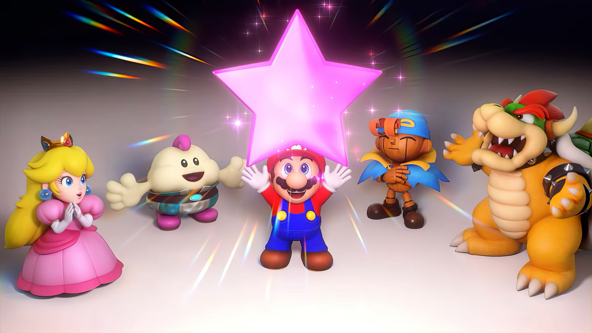 A vibrant HD desktop wallpaper featuring characters from Super Mario RPG (2023), including Mario, Princess Peach, and Bowser, celebrating with a glowing pink star.