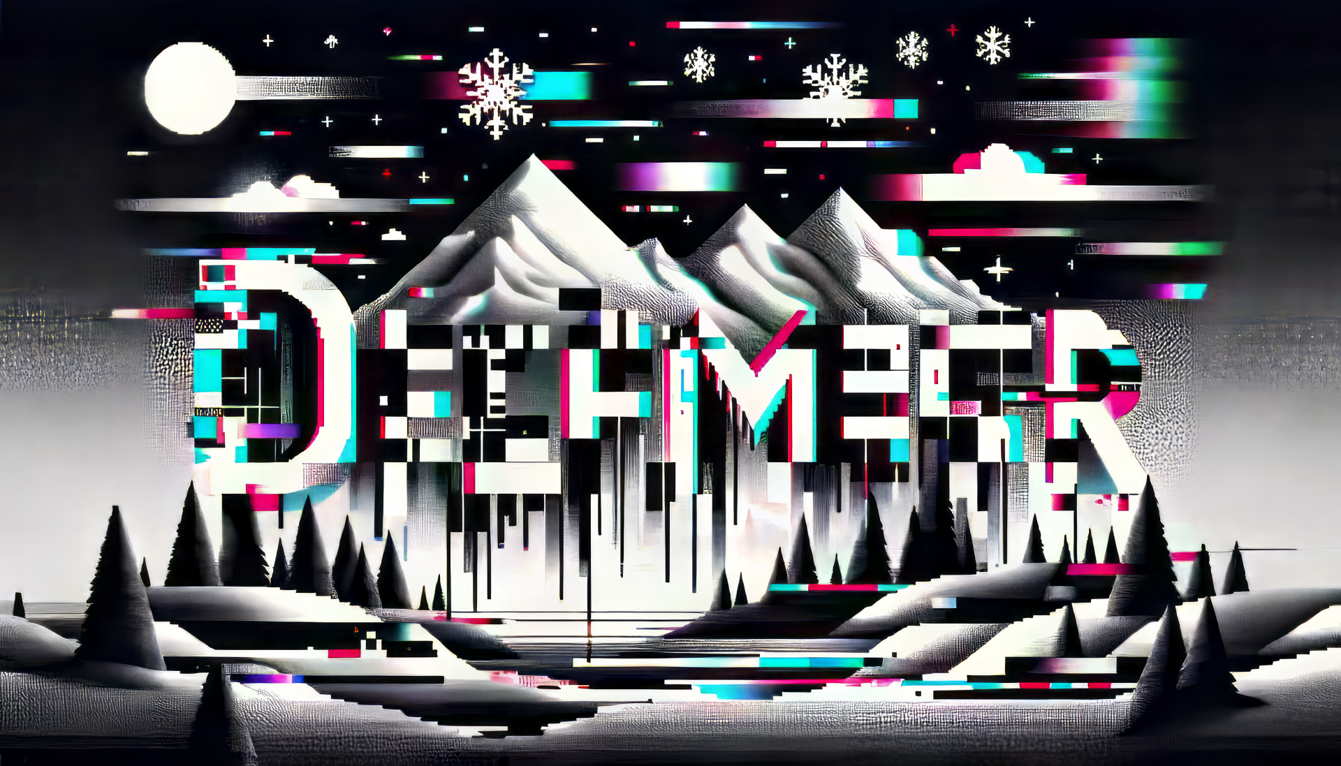 HD desktop wallpaper featuring a stylized snowy landscape with mountains, trees, and the word December under a starry sky with snowflakes.