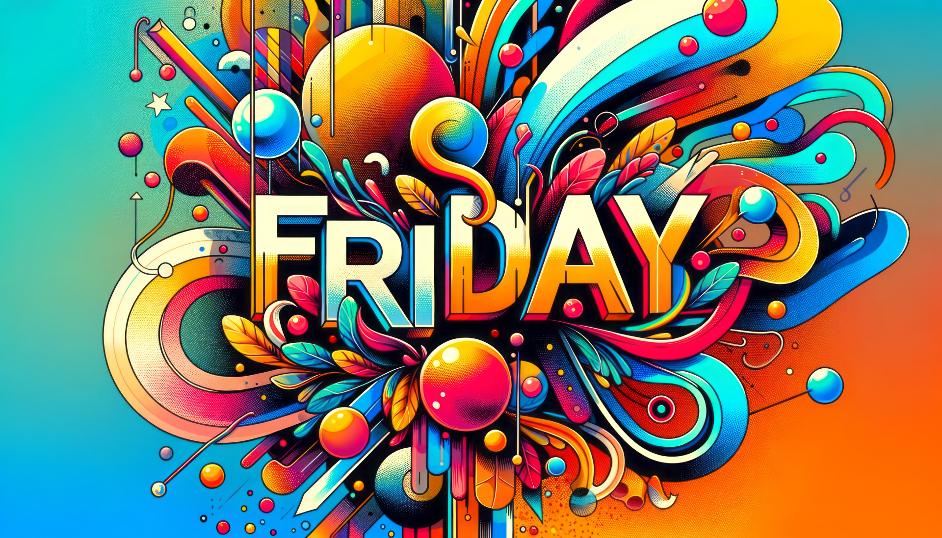 Vibrant HD PC desktop wallpaper featuring colorful abstract shapes exploding around the word FRIDAY on a bright gradient background.