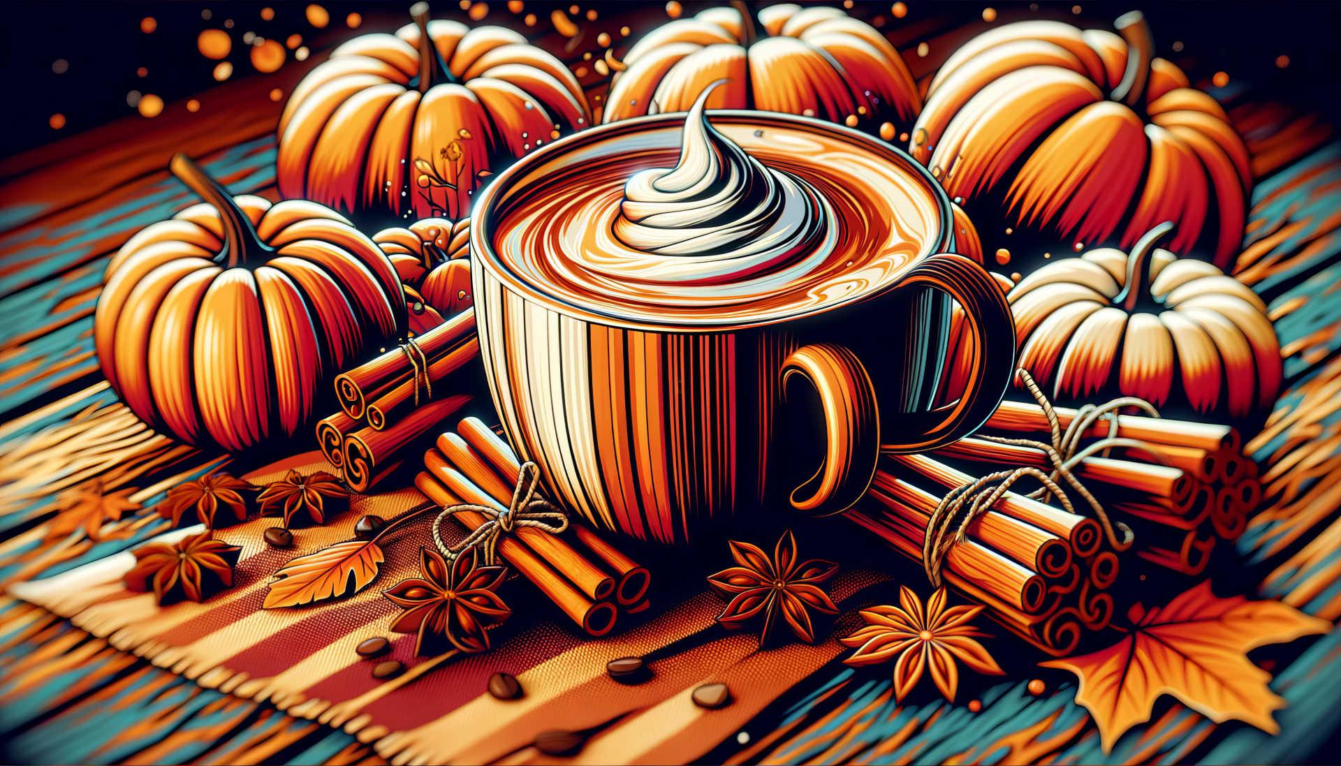 Illustration of a cozy autumn-themed cup of coffee with pumpkins, cinnamon sticks, and star anise on a striped tablecloth for HD wallpaper use.