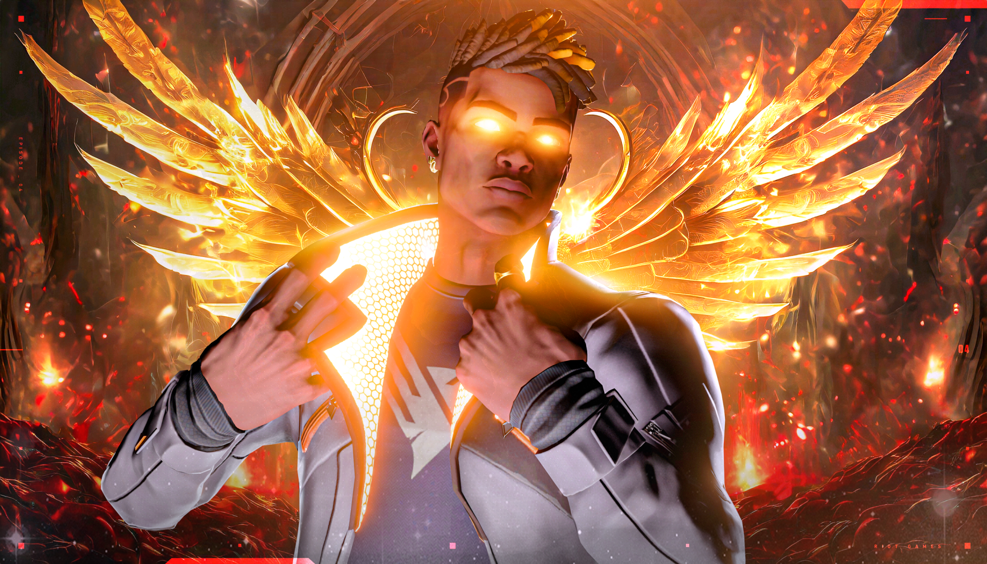HD PC desktop wallpaper featuring Phoenix from the video game Valorant, glowing with fiery wings and intense orange eyes in a dynamic, vibrant design.