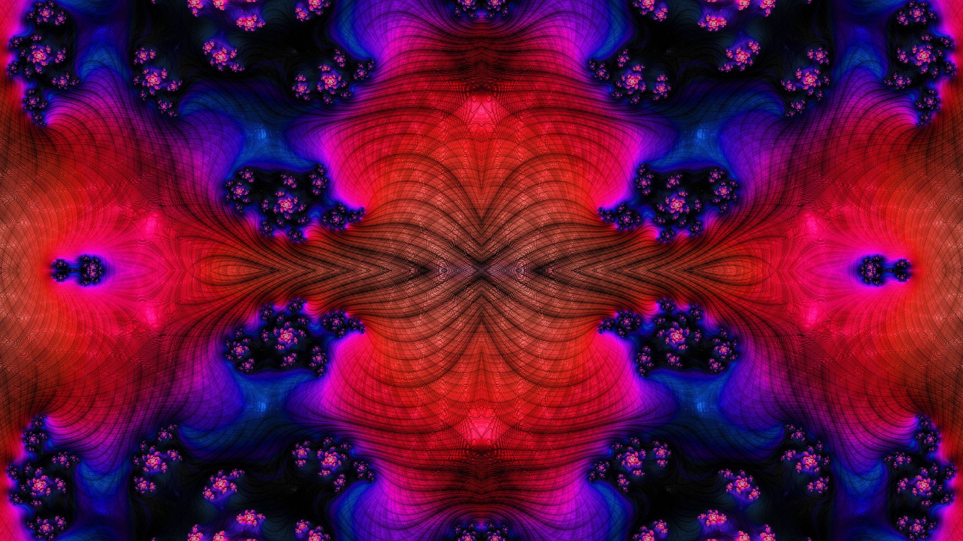 Trippy psychedelic fractal abstract pattern in vivid reds, blues and purples with symmetrical kaleidoscopic swirls — 4K Ultra HD PC desktop wallpaper and background with aesthetic detail.