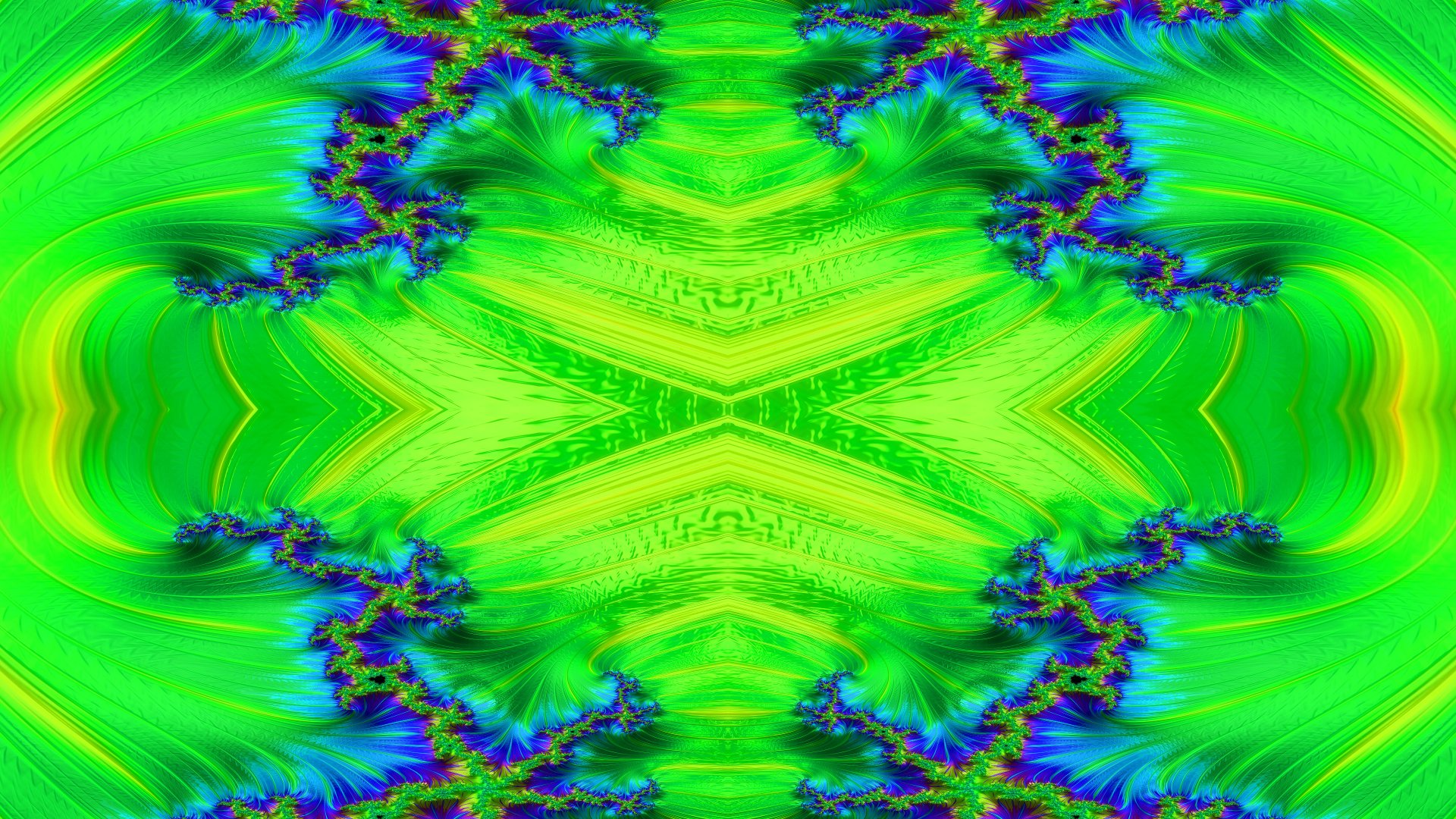 Trippy psychedelic aesthetic fractal abstract pattern in vivid greens and blues—symmetrical kaleidoscope design, 4K Ultra HD PC desktop wallpaper background.