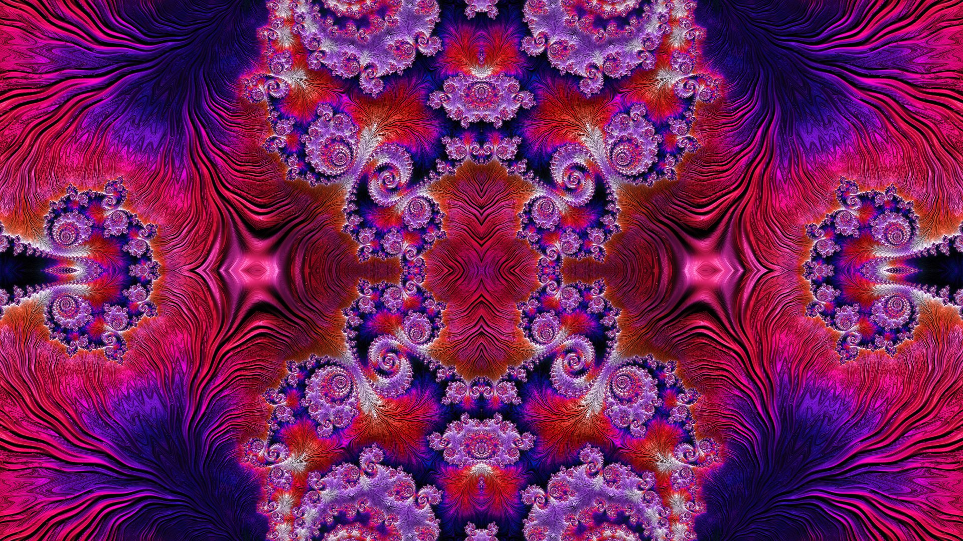 Trippy psychedelic aesthetic fractal pattern in vivid purple, magenta and blue — intricate mirrored abstract design, 4K Ultra HD PC desktop wallpaper and background.