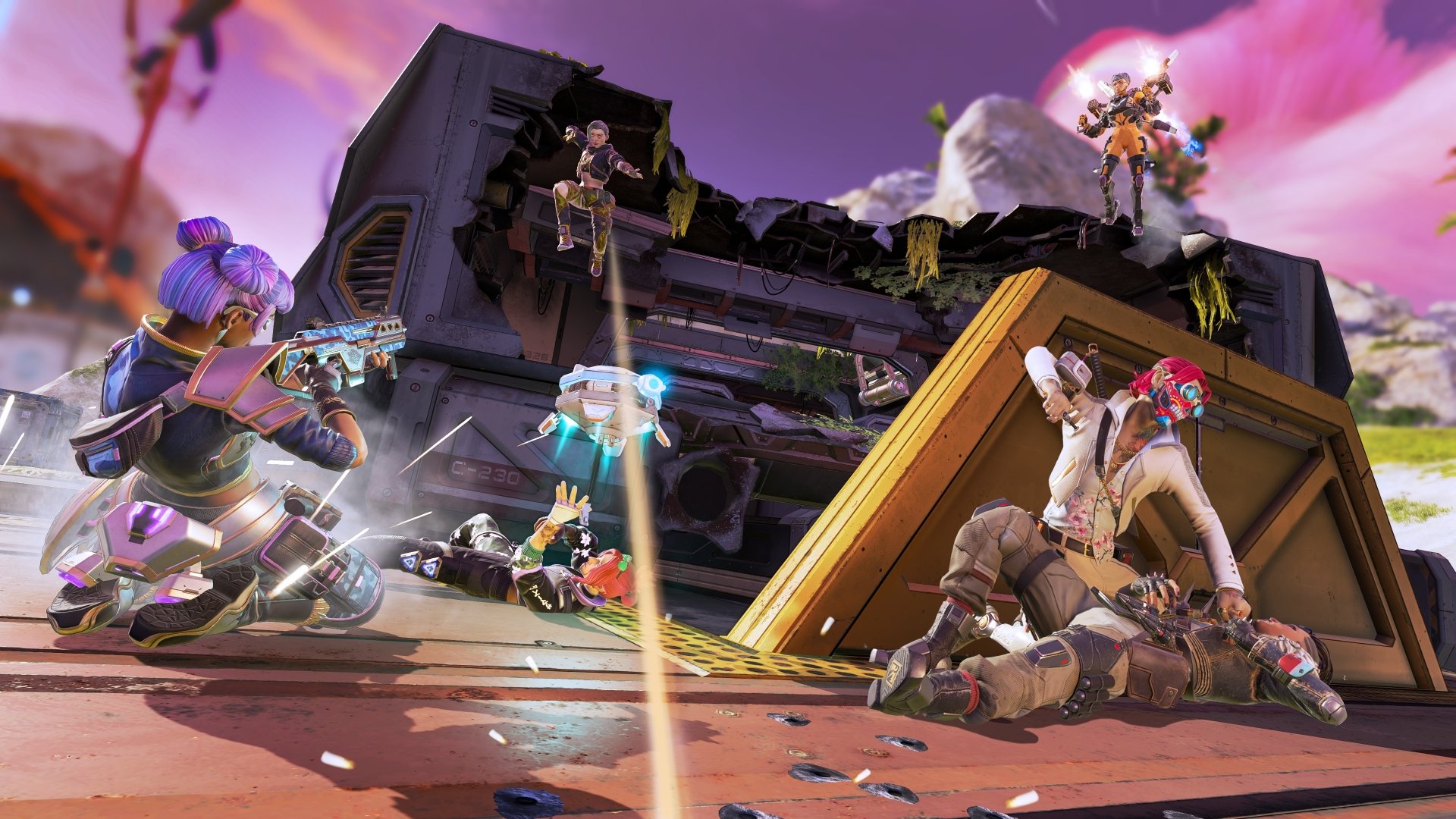 4K Ultra HD Apex Legends action scene with multiple characters engaged in a dynamic battle on a futuristic terrain, vibrant colors highlighting the intense gameplay.