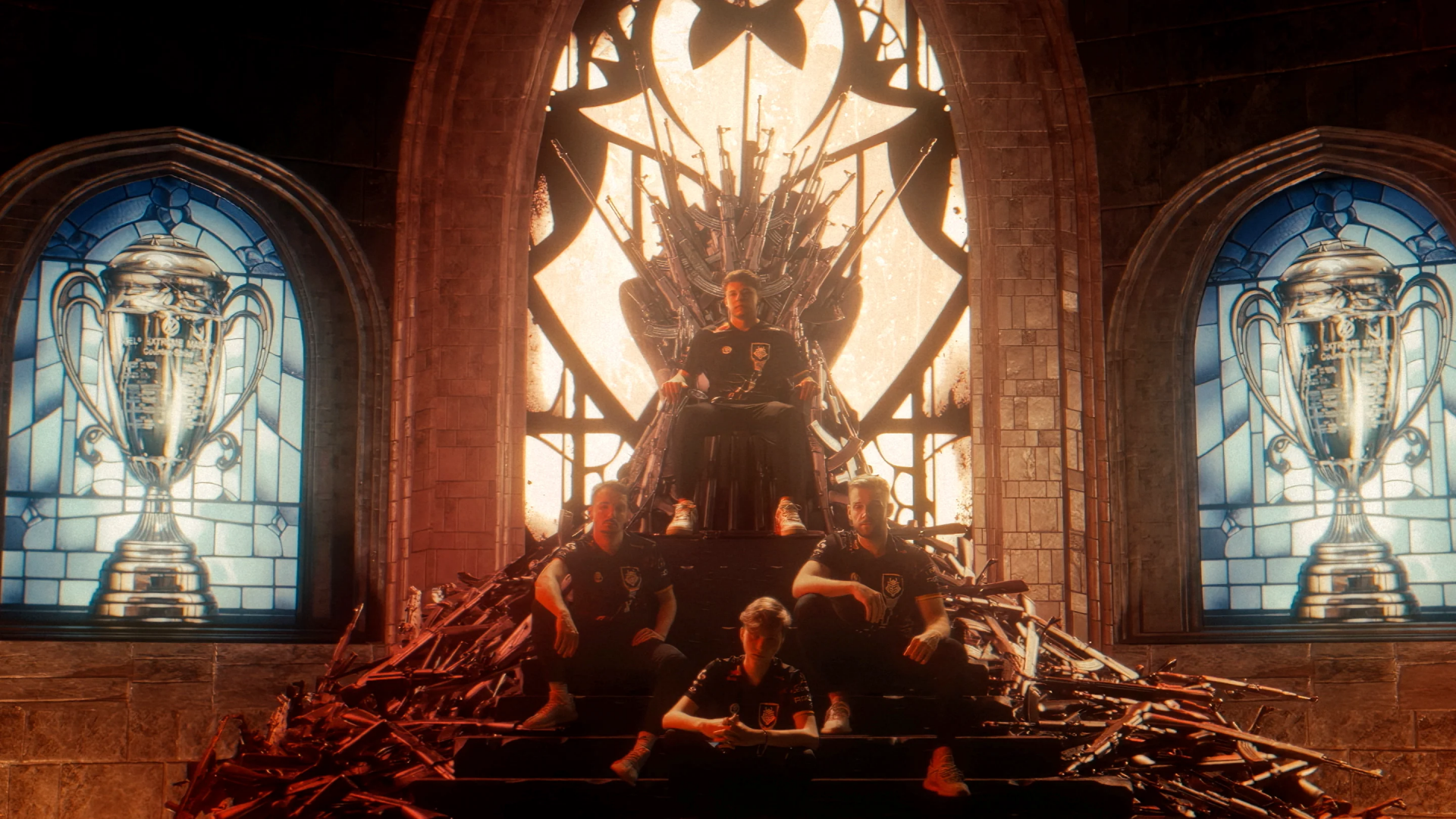 HD G2 Esports desktop wallpaper featuring team members enthroned in a grand, medieval setting with stained glass windows.