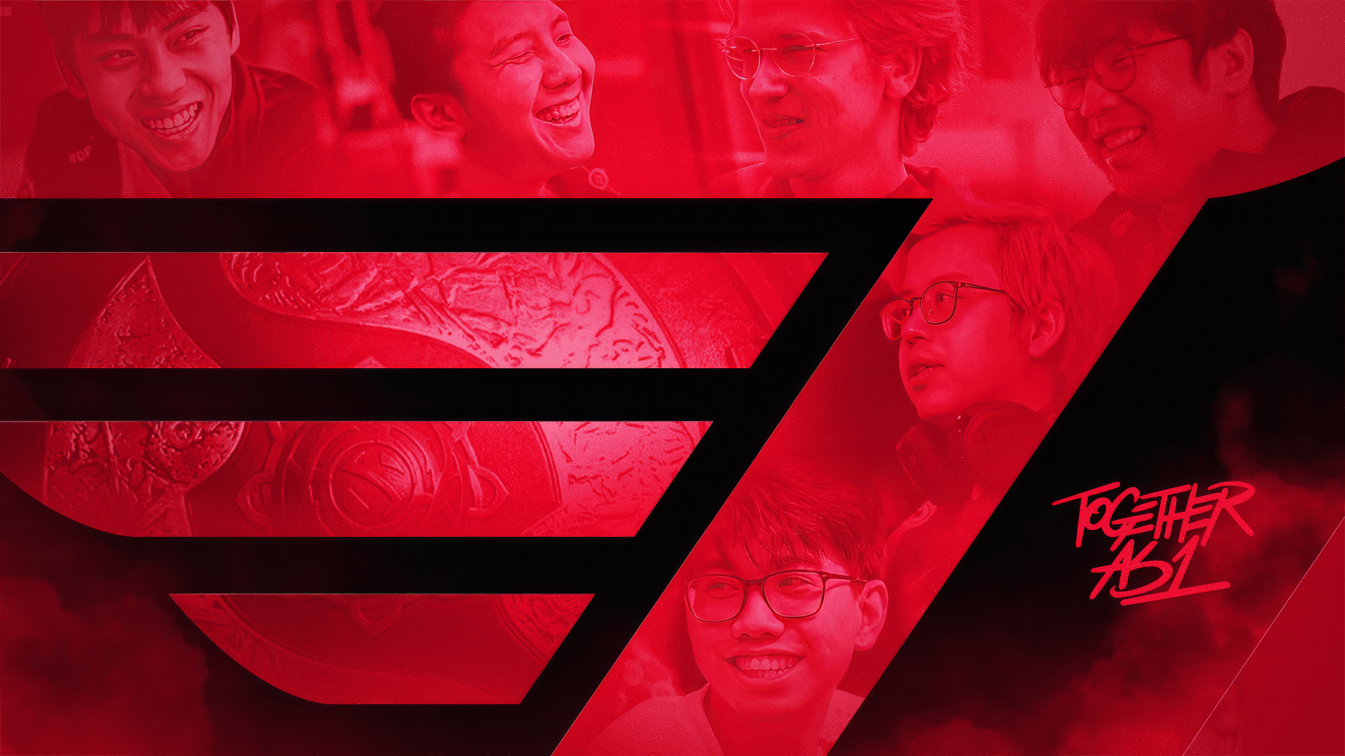 HD desktop wallpaper featuring a red-themed collage with joyful team members and a prominent logo symbolizing unity and esports spirit, tagged with T1.