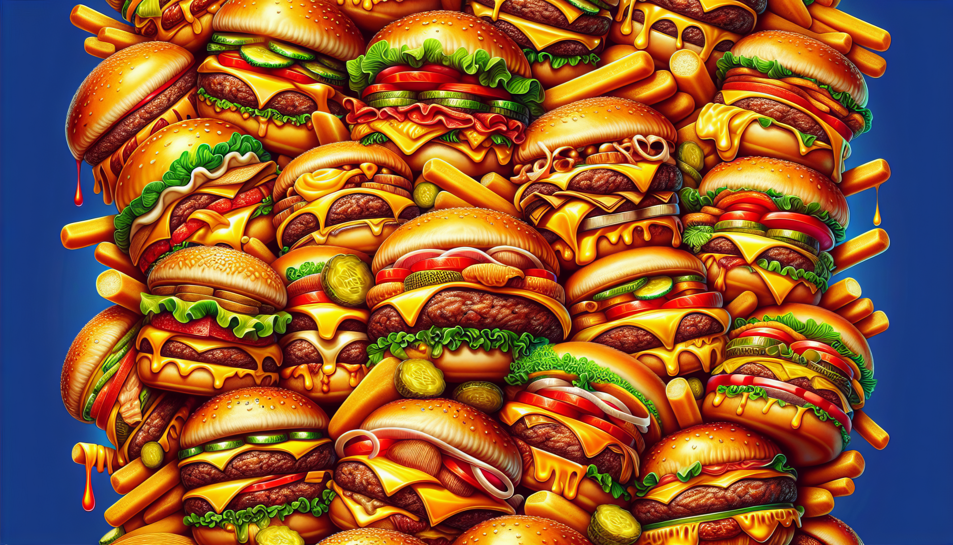 Colorful assortment of hamburgers, hotdogs, and condiments forming a vibrant HD wallpaper for desktop background.