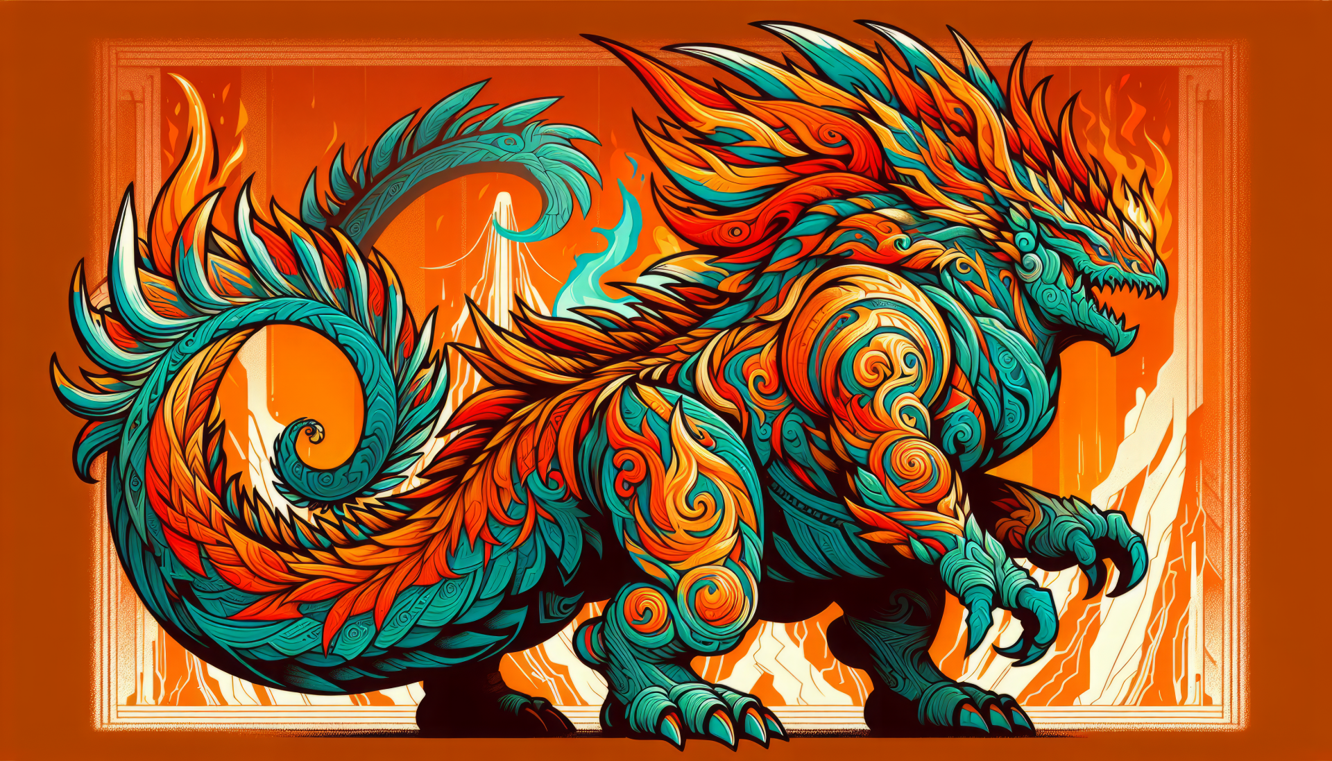 A vibrant fantasy creature with intricate patterns in teal and orange stands boldly against a fiery background, creating an eye-catching HD desktop wallpaper.
