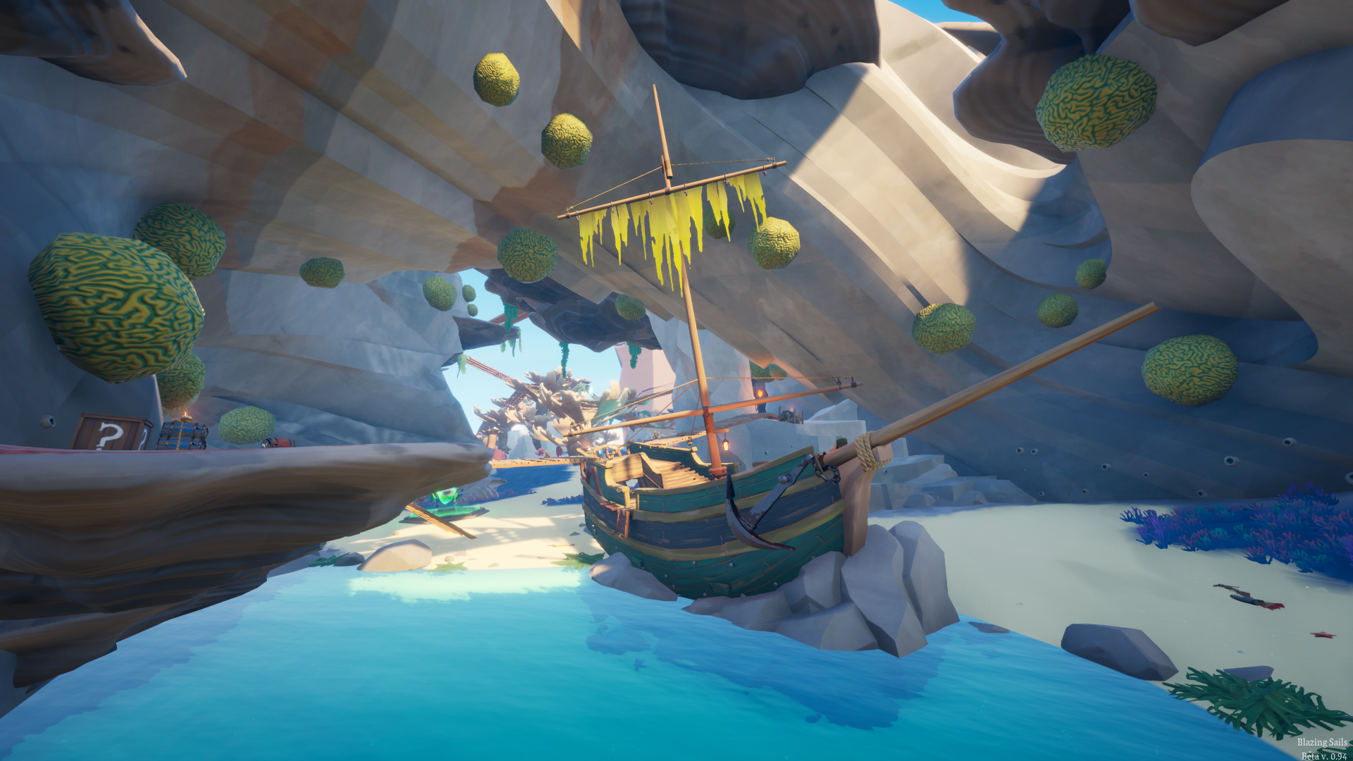 A stunning HD wallpaper featuring a pirate ship navigating a rocky cave, showcasing vibrant colors and tropical scenery from the video game Blazing Sails.
