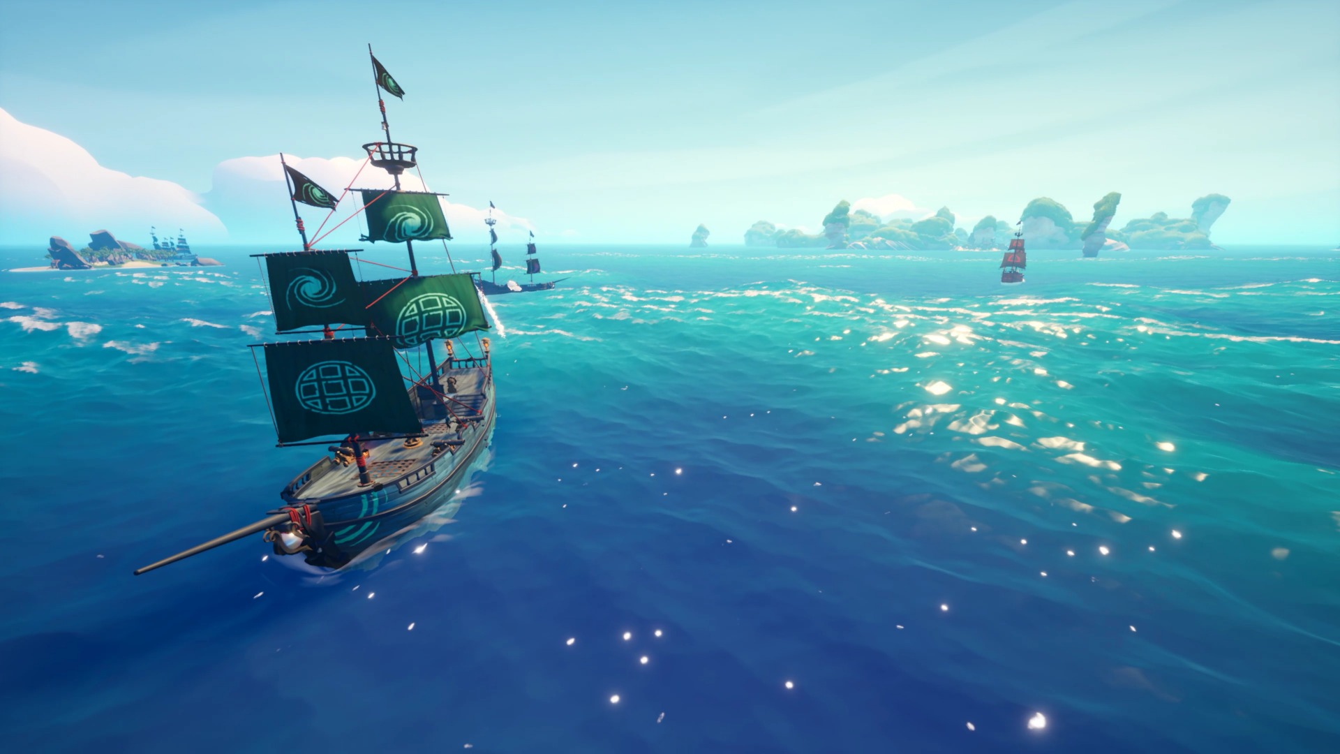 HD desktop wallpaper of Blazing Sails game featuring a pirate ship at sea with clear skies.