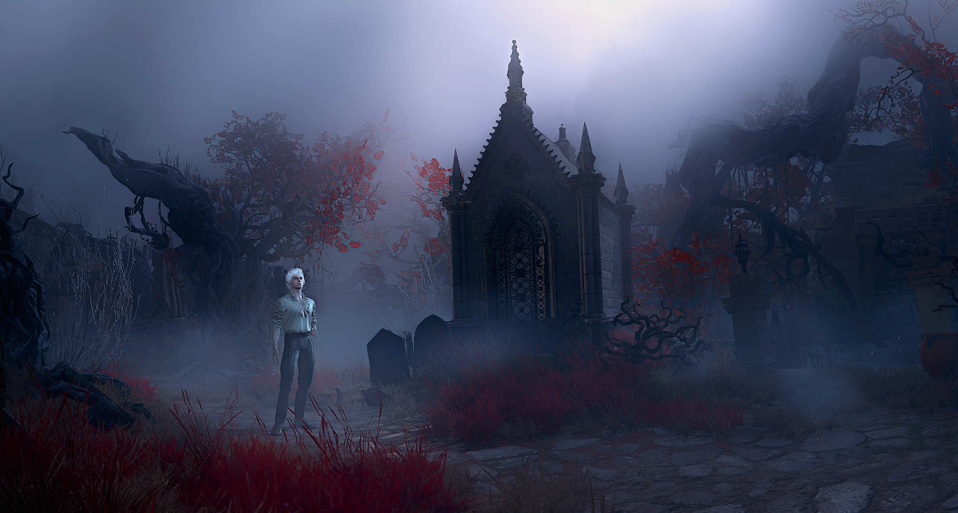 HD wallpaper of a mystical scene from Baldur's Gate 3 featuring an ancient shrine enveloped by fog and twisted trees, with a central, silver-haired character standing in the foreground.