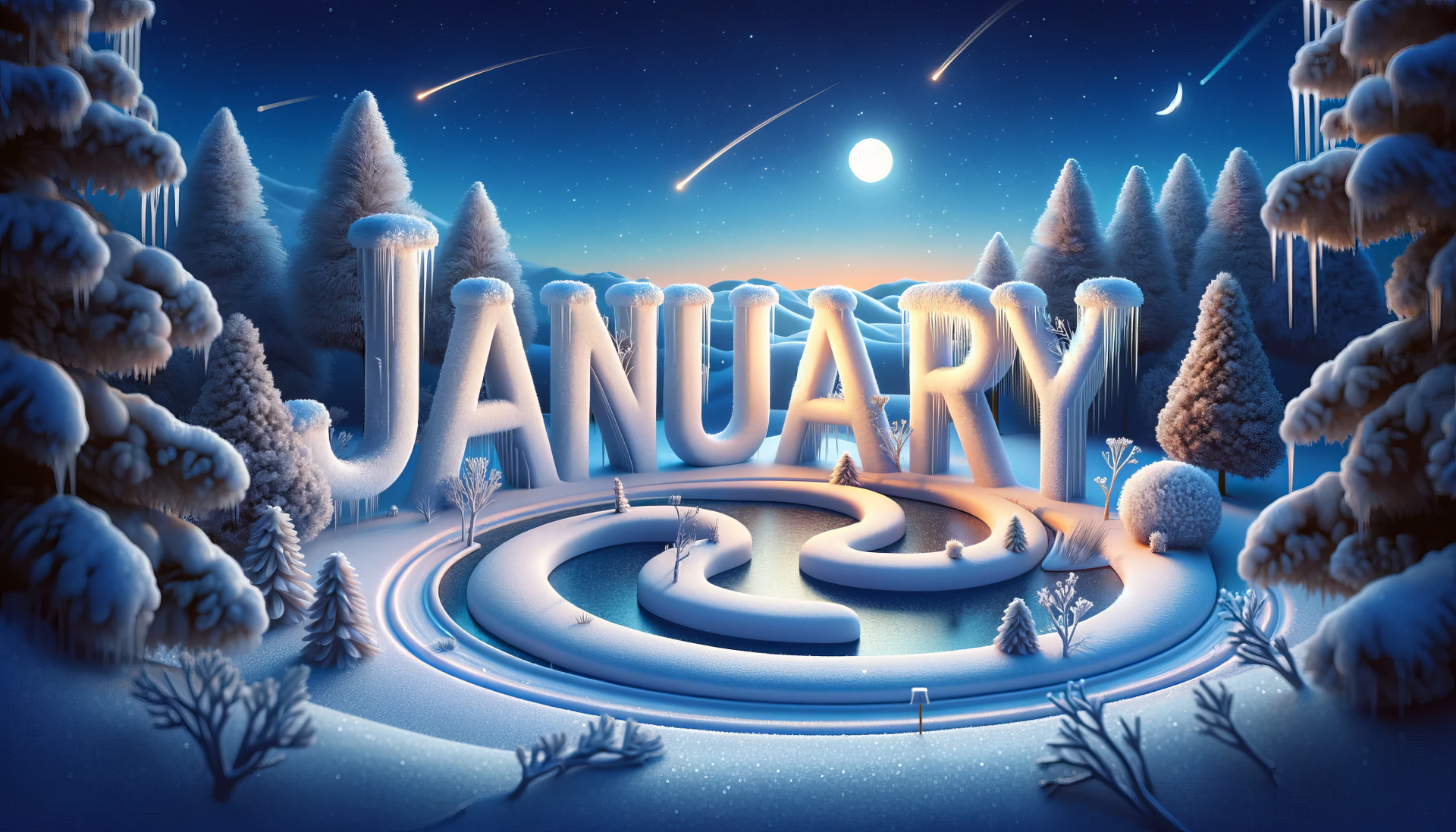 A serene winter scene features the word January prominently in a snowy landscape, complete with frosty trees and a starry sky, creating a captivating HD desktop wallpaper.