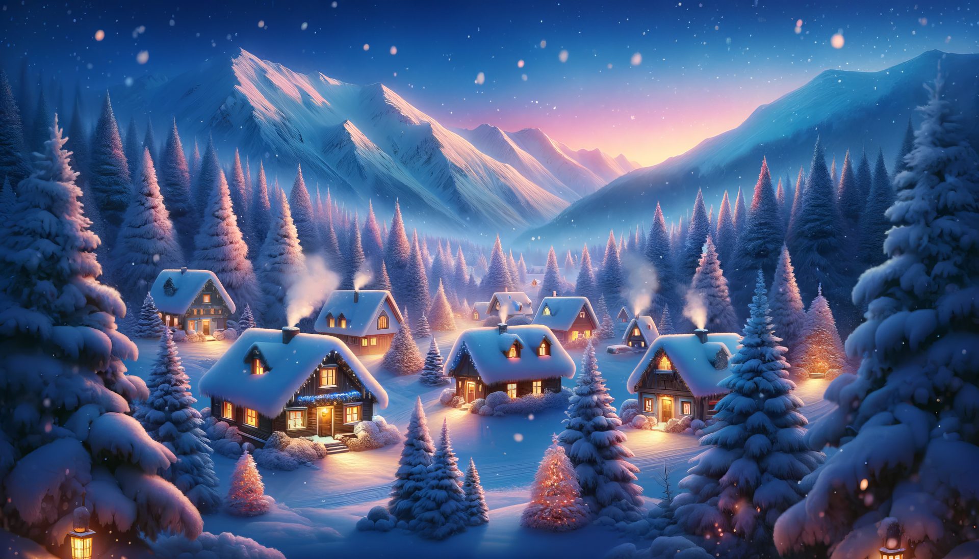 HD wallpaper of a magical winter wonderland village with snow-covered houses and trees against a backdrop of mountains under a starry night sky.