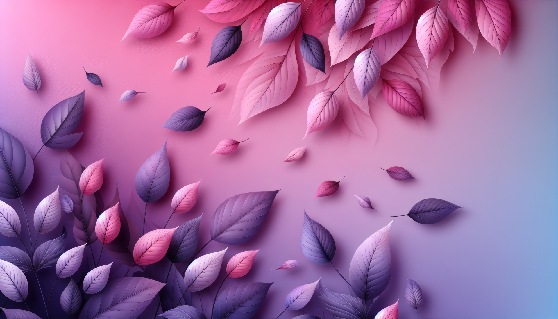 HD desktop wallpaper featuring artistic rendering of falling leaves in shades of pink and purple with a smooth gradient background.