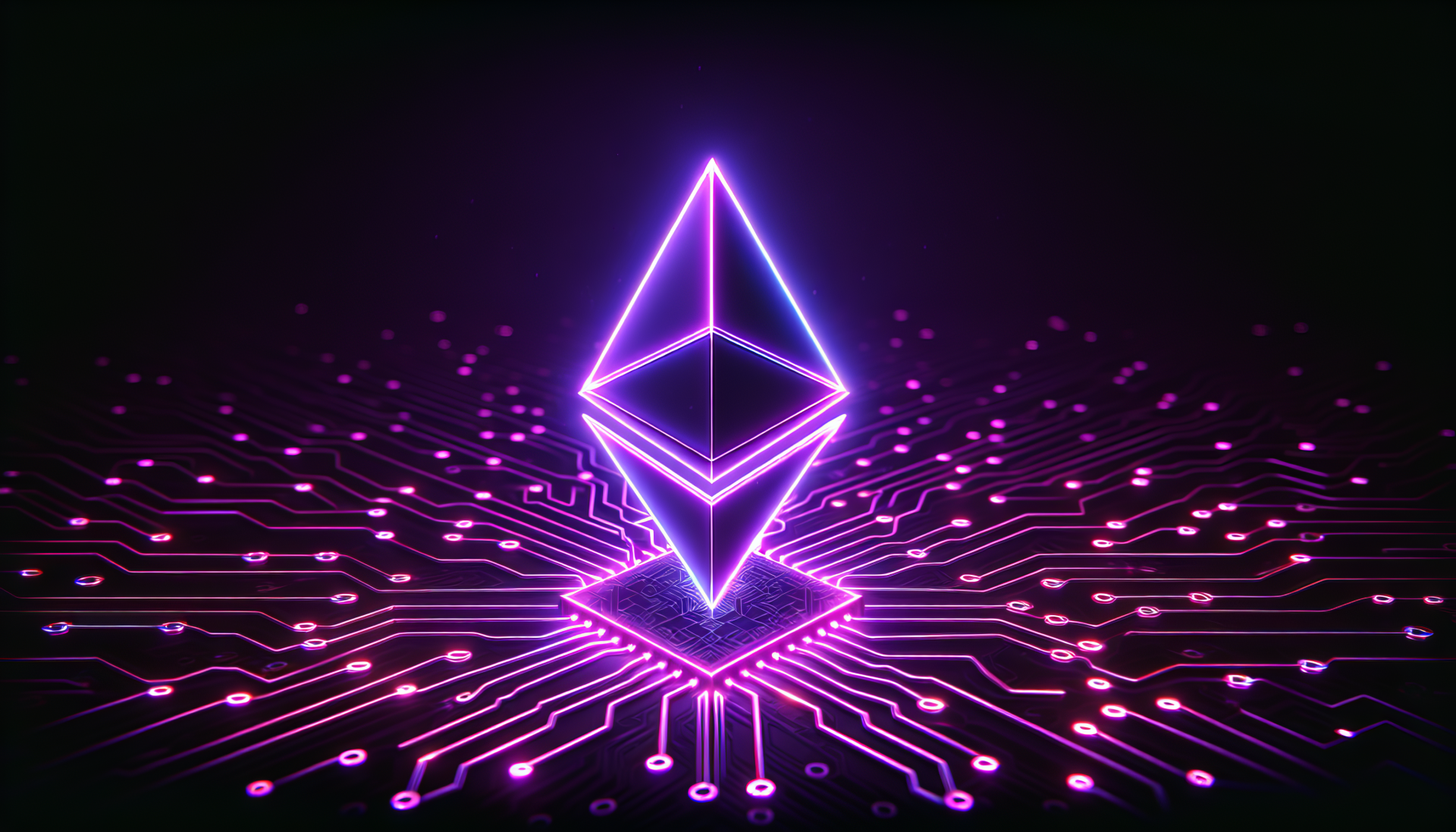 HD desktop wallpaper featuring a vibrant neon Ethereum logo integrated with digital circuit lines on a dark background, symbolizing cryptocurrency technology.