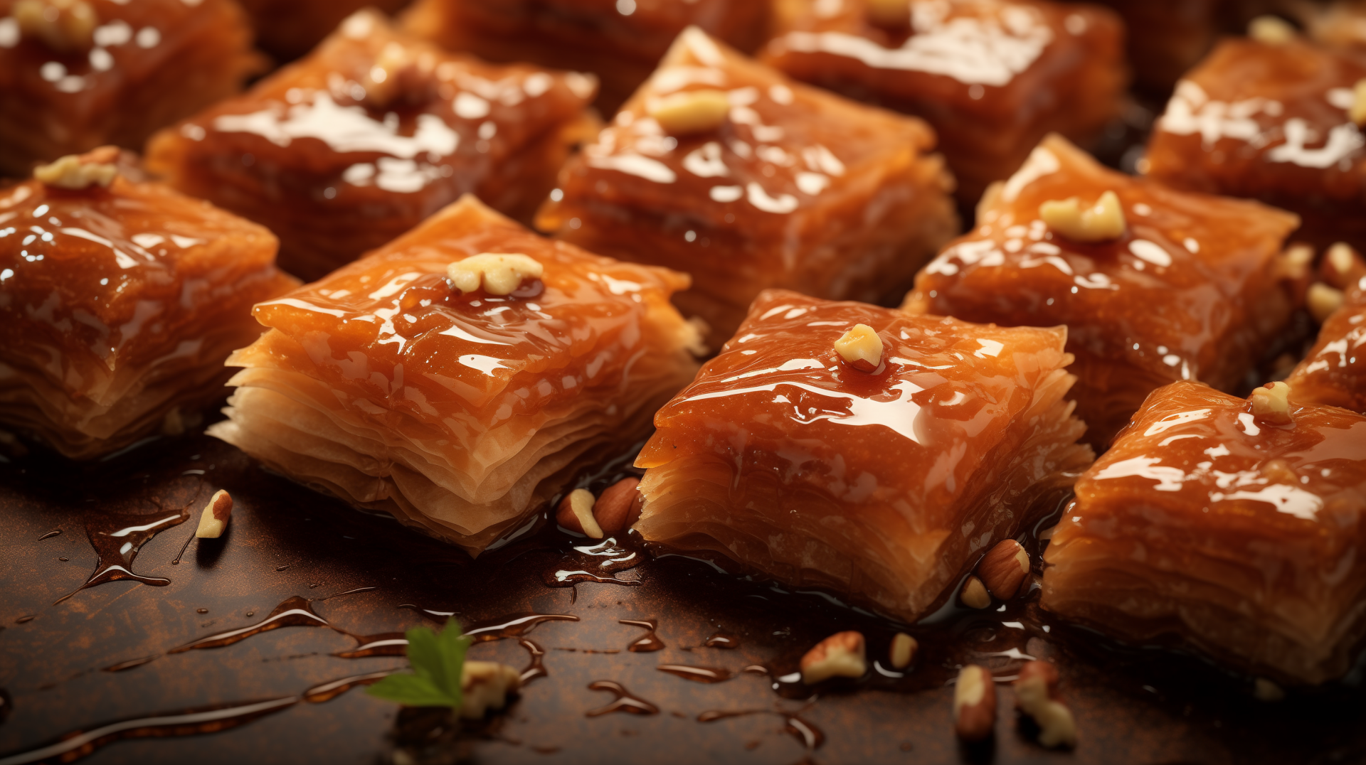 A close-up of delicious baklava pieces, showcasing layers of flaky pastry drizzled with honey and garnished with nuts, serving as a tempting HD desktop wallpaper.