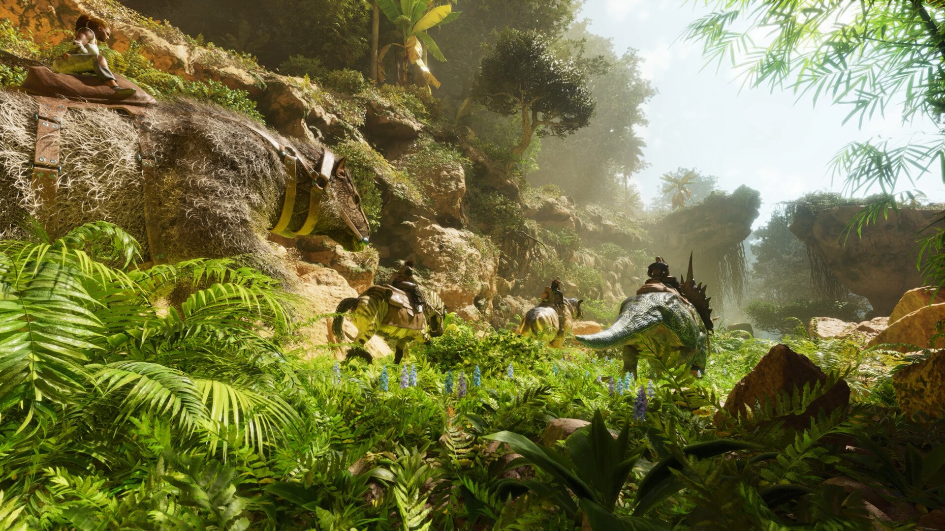 A vibrant HD desktop wallpaper from ARK: Survival Ascended, showcasing a lush jungle scene with dinosaurs and adventurers navigating a rich, green landscape.