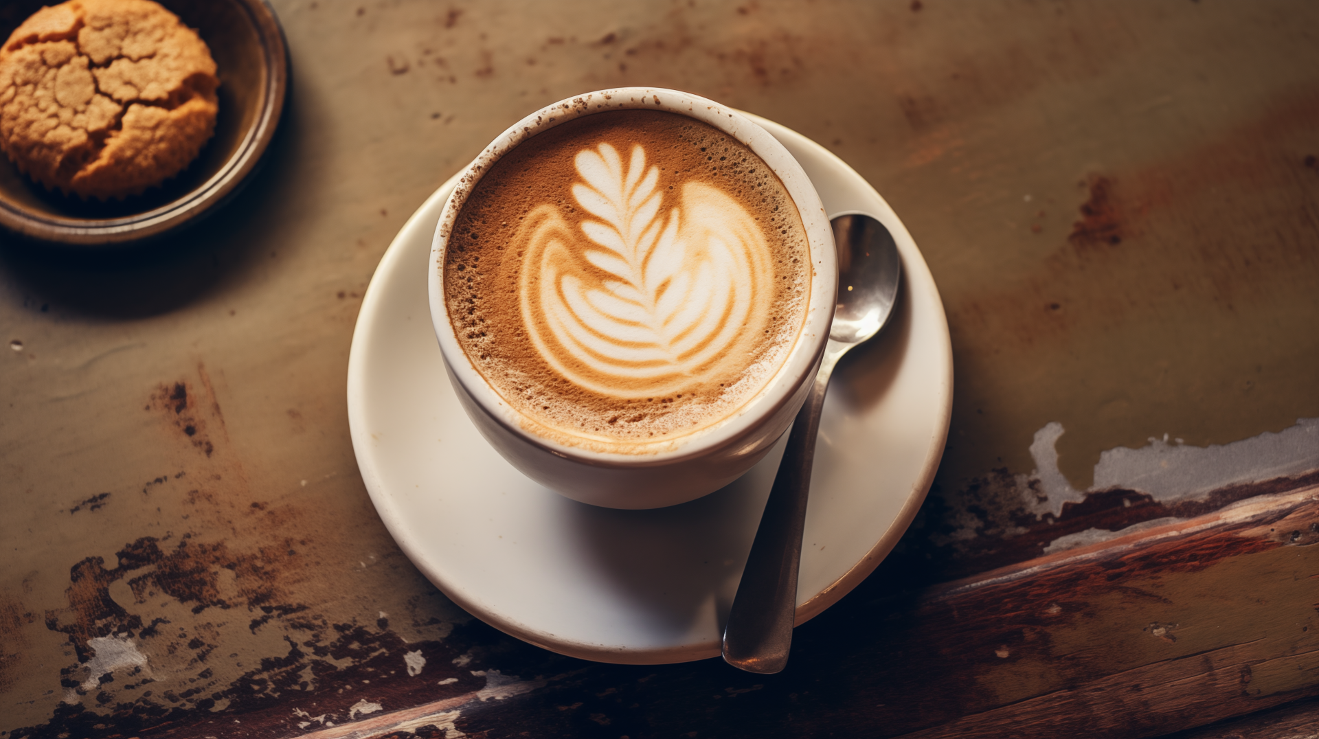 A beautifully crafted latte with intricate foam art sits on a rustic table, accompanied by a spoon. This HD image captures the warmth of coffee culture, making an inviting desktop wallpaper.