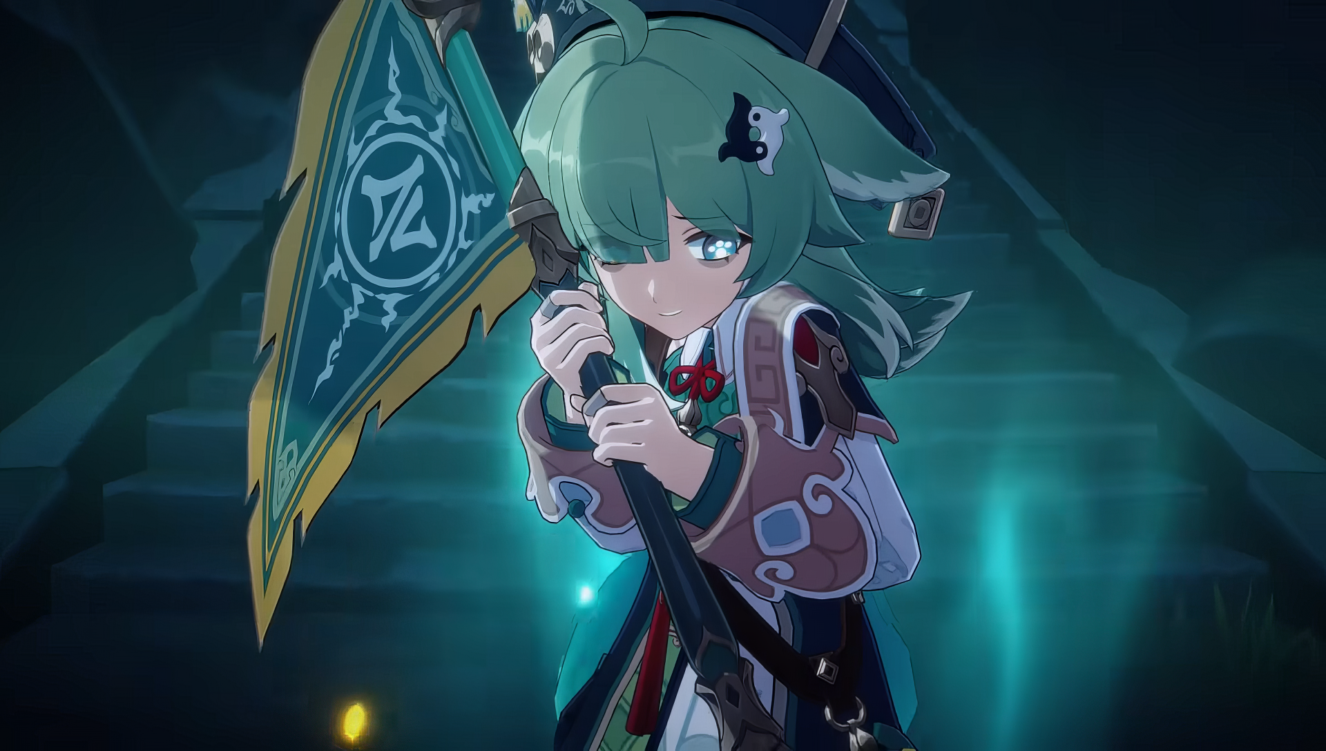 HD Desktop wallpaper featuring Huohuo from Honkai: Star Rail, poised for battle with a large flag weapon in a mystical setting.