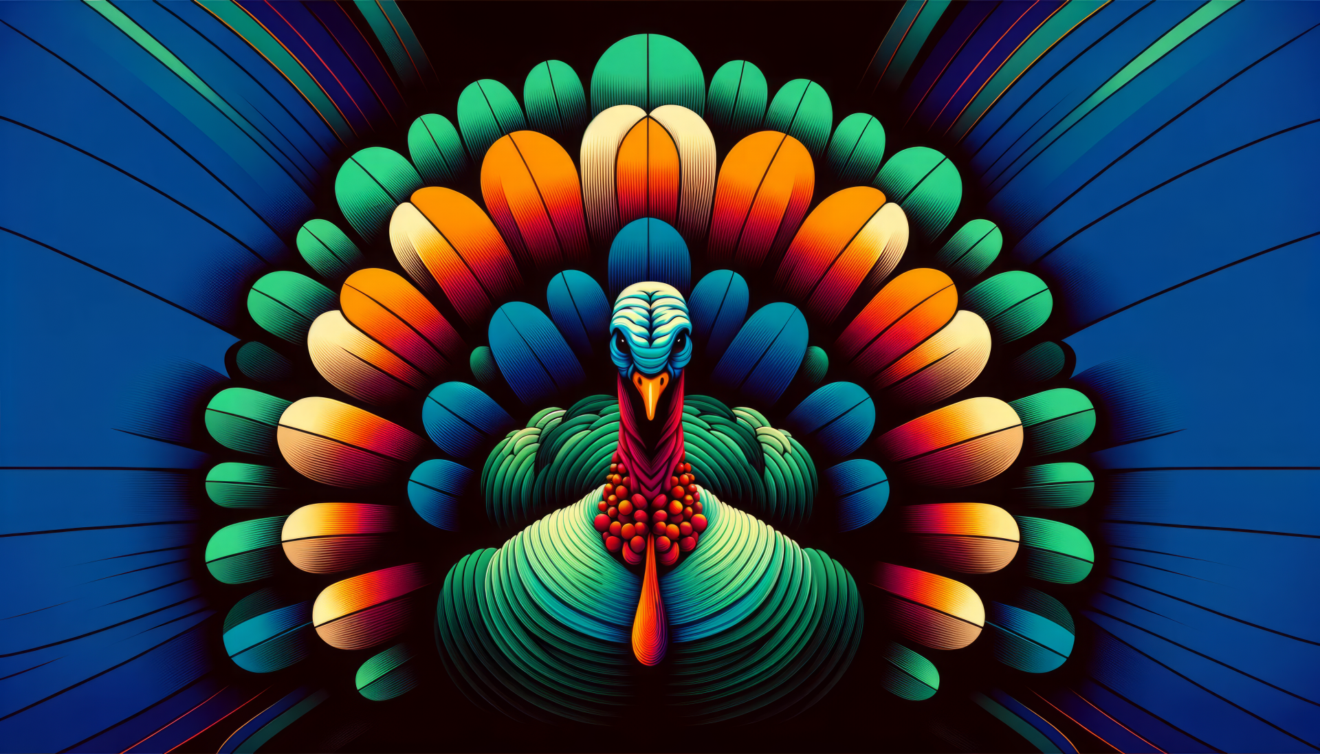 Colorful stylized turkey with vibrant plumage against a dark background, designed as an HD desktop wallpaper.