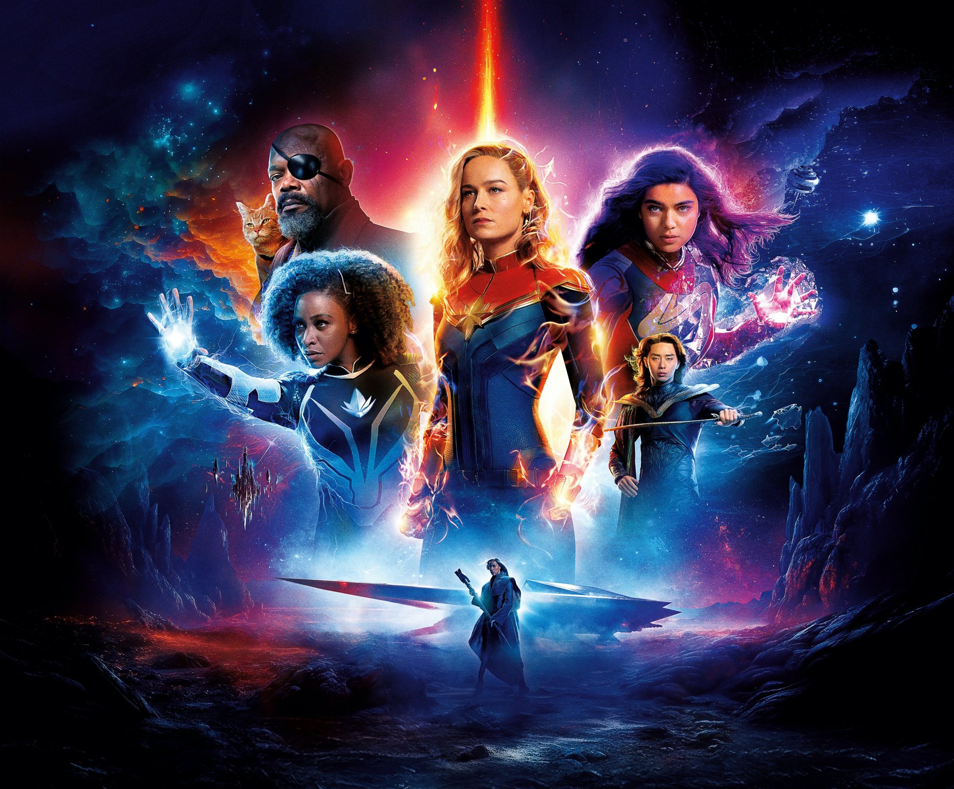4K Ultra HD PC desktop wallpaper featuring characters from the movie The Marvels, set against a vibrant cosmic background.